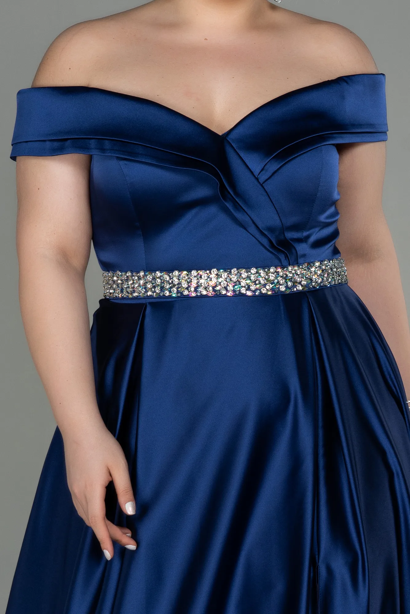 Navy Blue-Long Satin Plus Size Evening Dress ABU3017