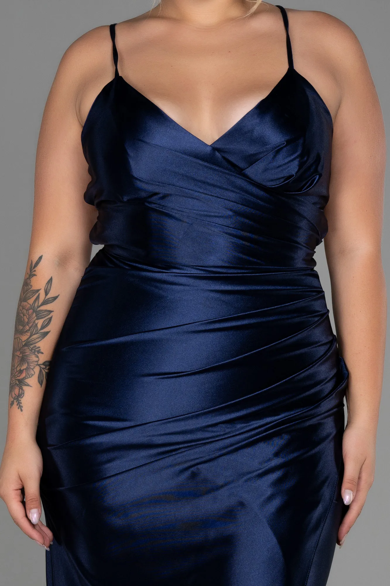 Navy Blue-Long Satin Plus Size Evening Dress ABU3053