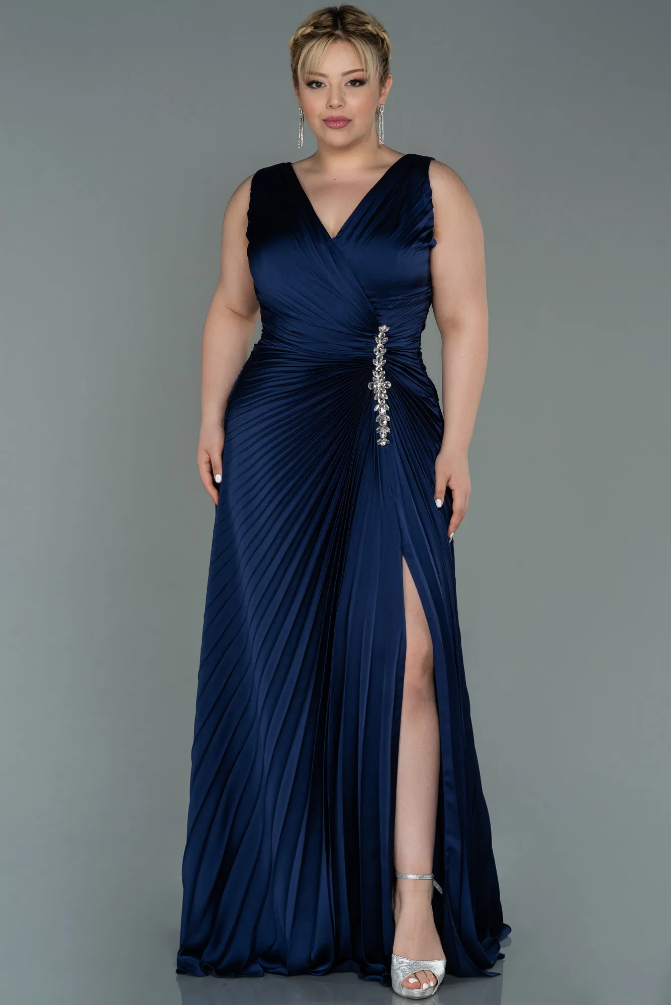 Navy Blue-Long Satin Plus Size Evening Dress ABU3076