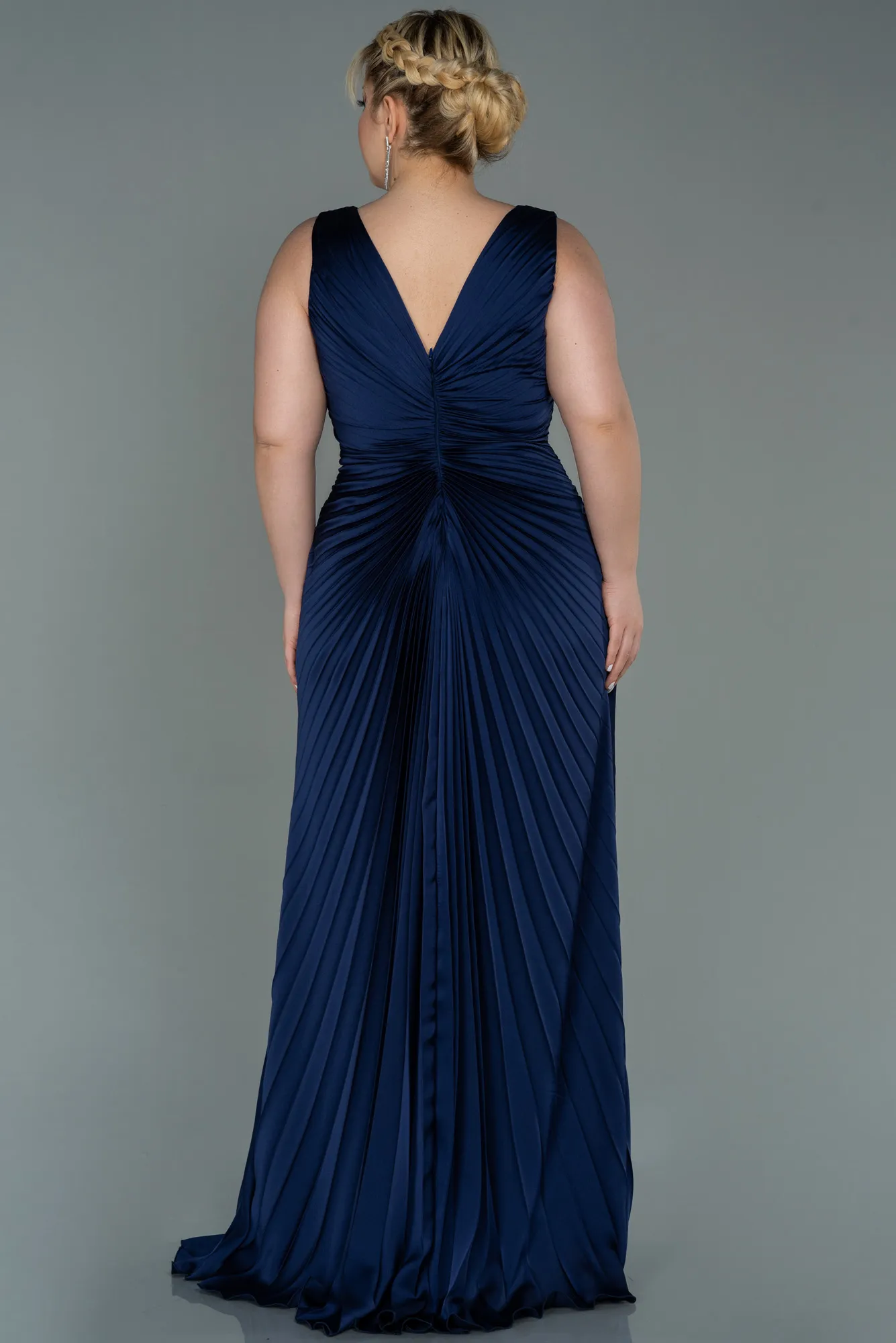 Navy Blue-Long Satin Plus Size Evening Dress ABU3076