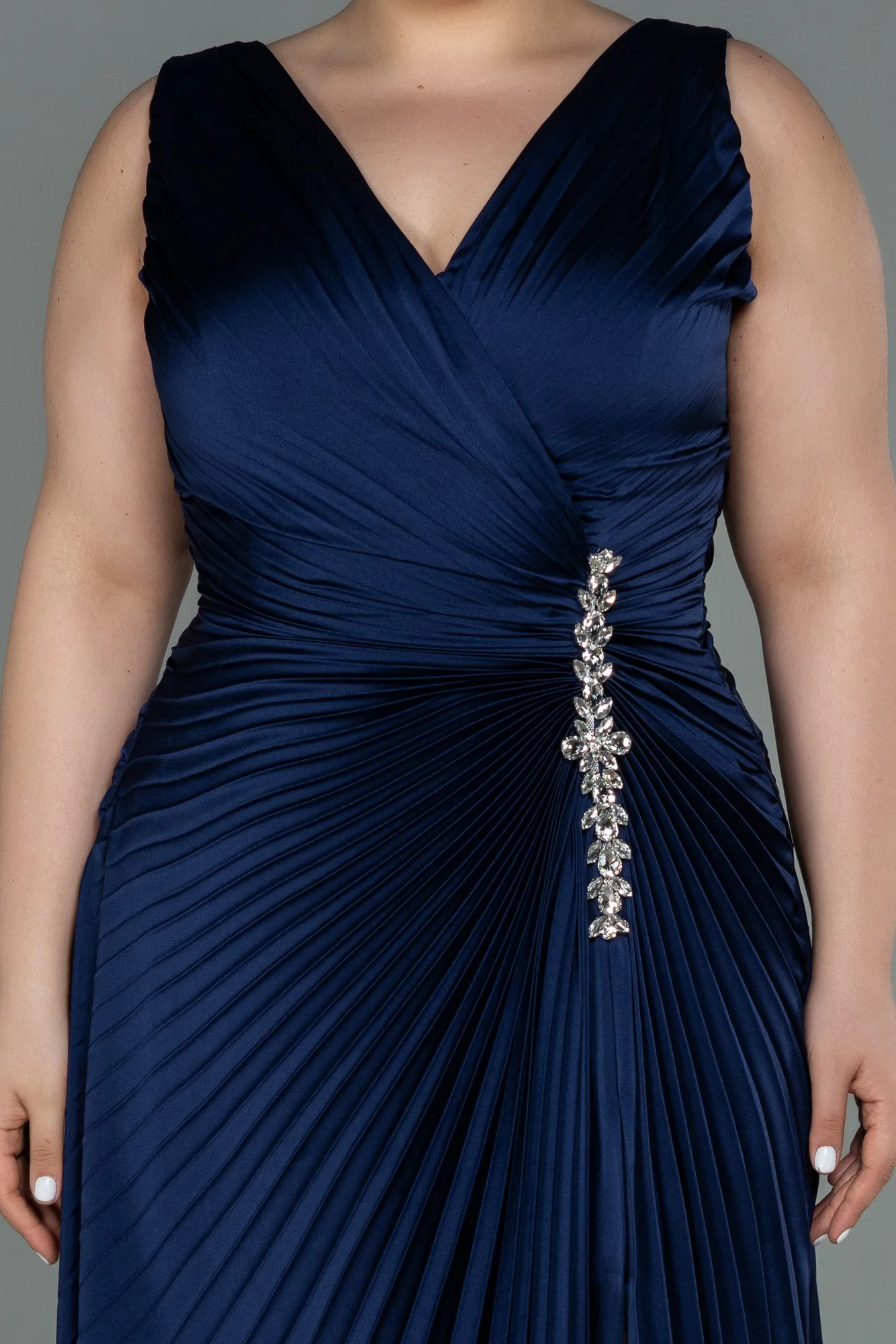 Navy Blue-Long Satin Plus Size Evening Dress ABU3076