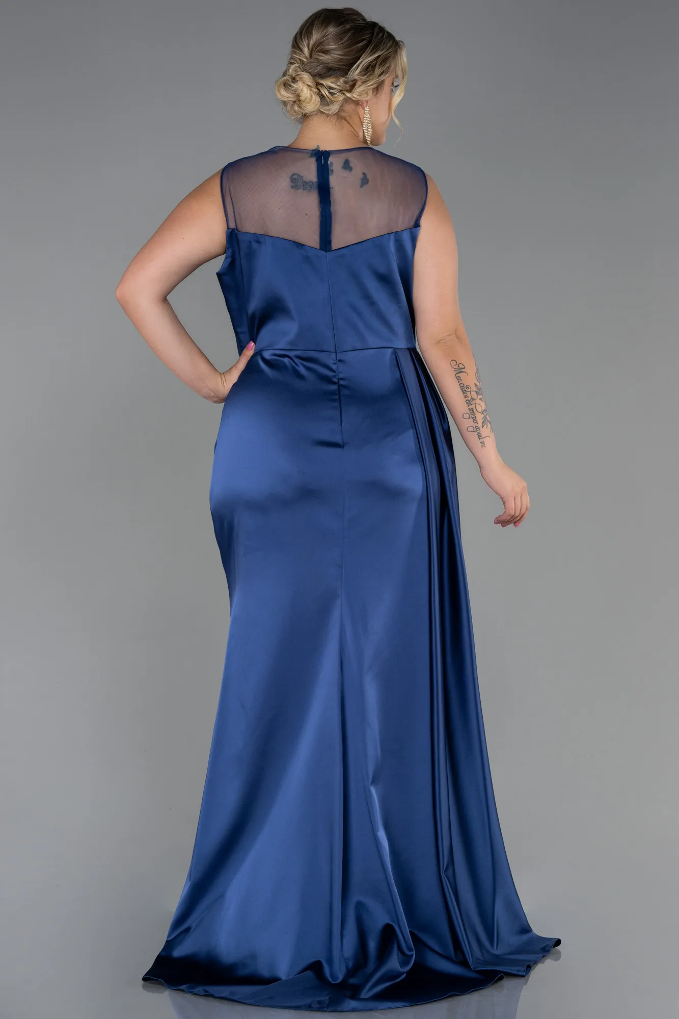 Navy Blue-Long Satin Plus Size Evening Dress ABU3125