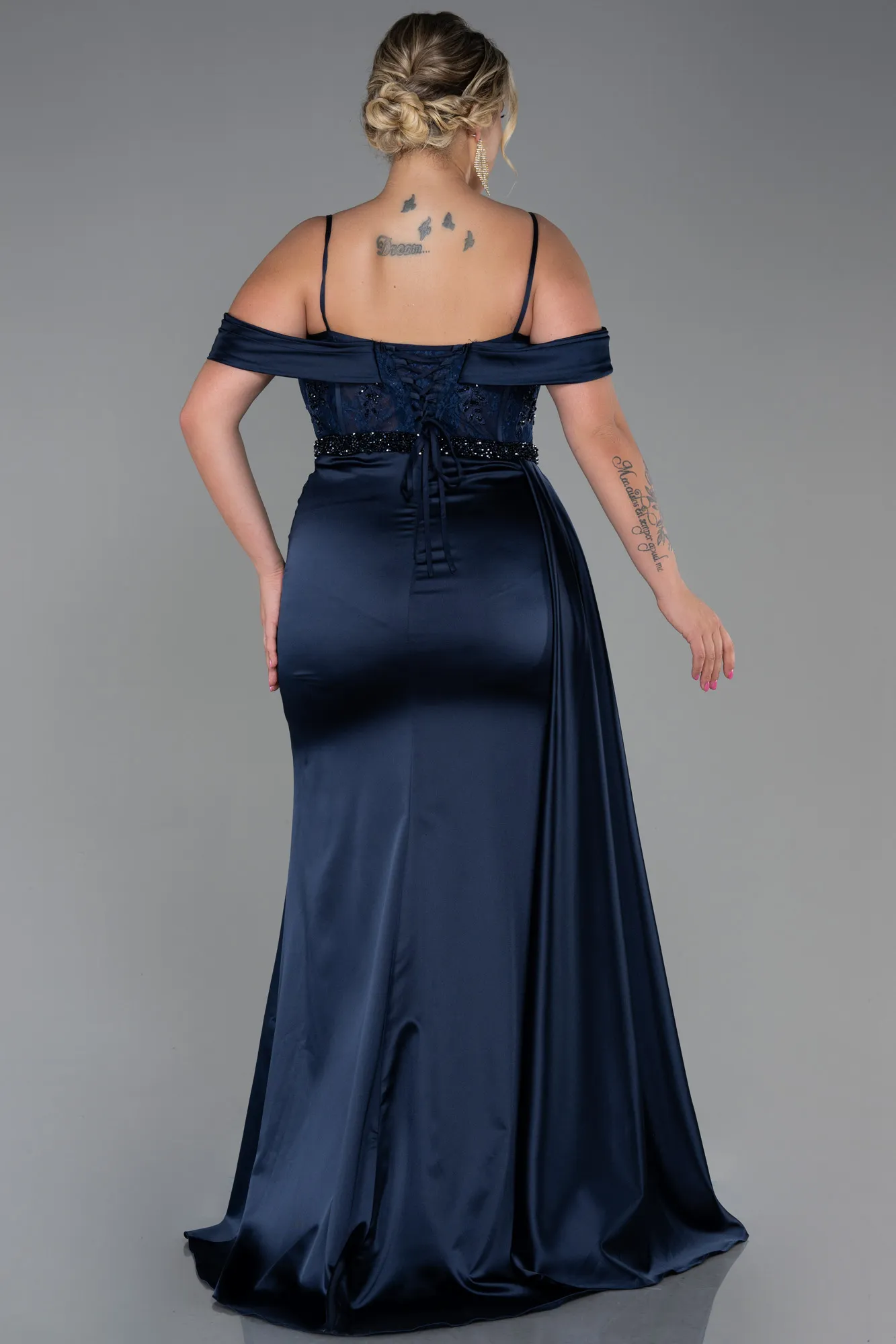 Navy Blue-Long Satin Plus Size Evening Dress ABU3228