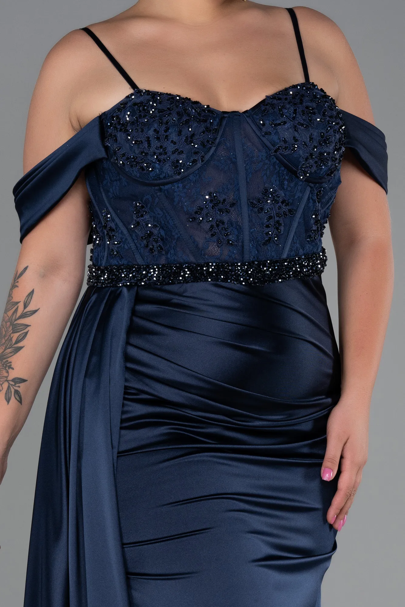 Navy Blue-Long Satin Plus Size Evening Dress ABU3228