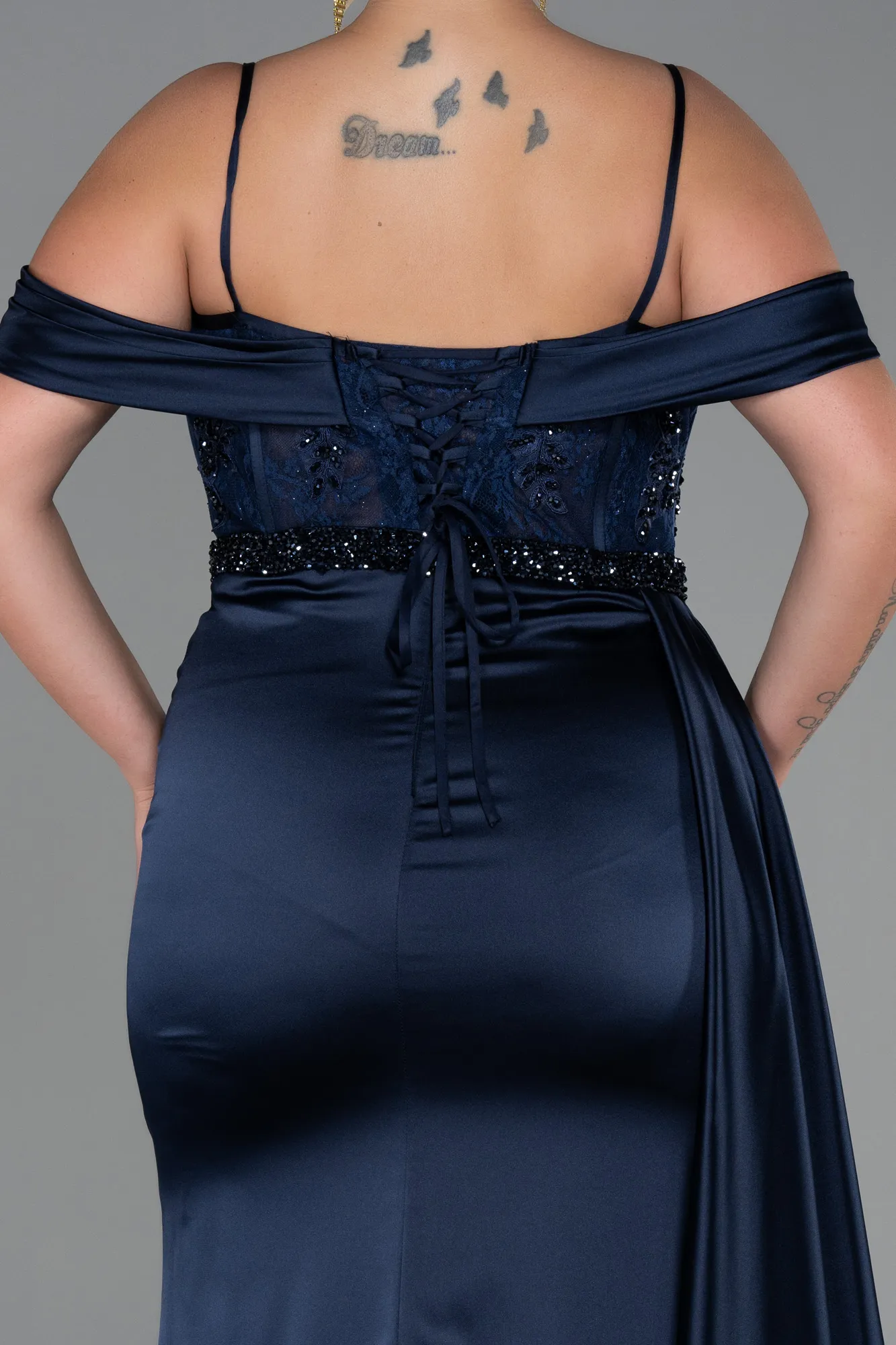 Navy Blue-Long Satin Plus Size Evening Dress ABU3228