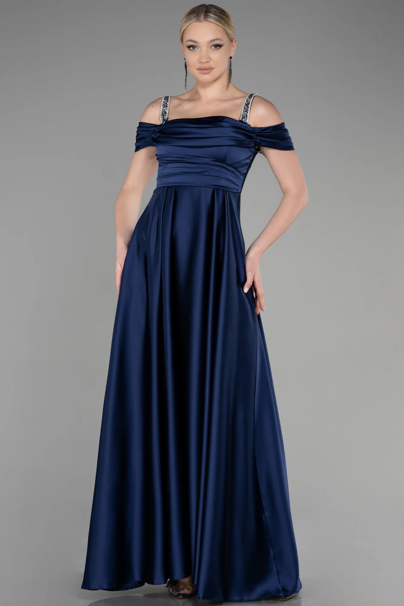 Navy Blue-Long Satin Plus Size Evening Dress ABU3277