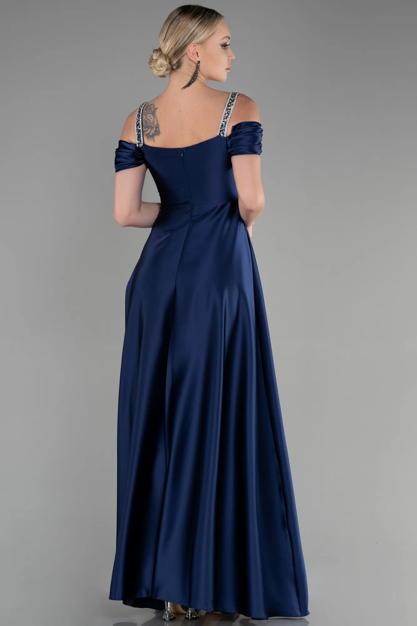 Navy Blue-Long Satin Plus Size Evening Dress ABU3277