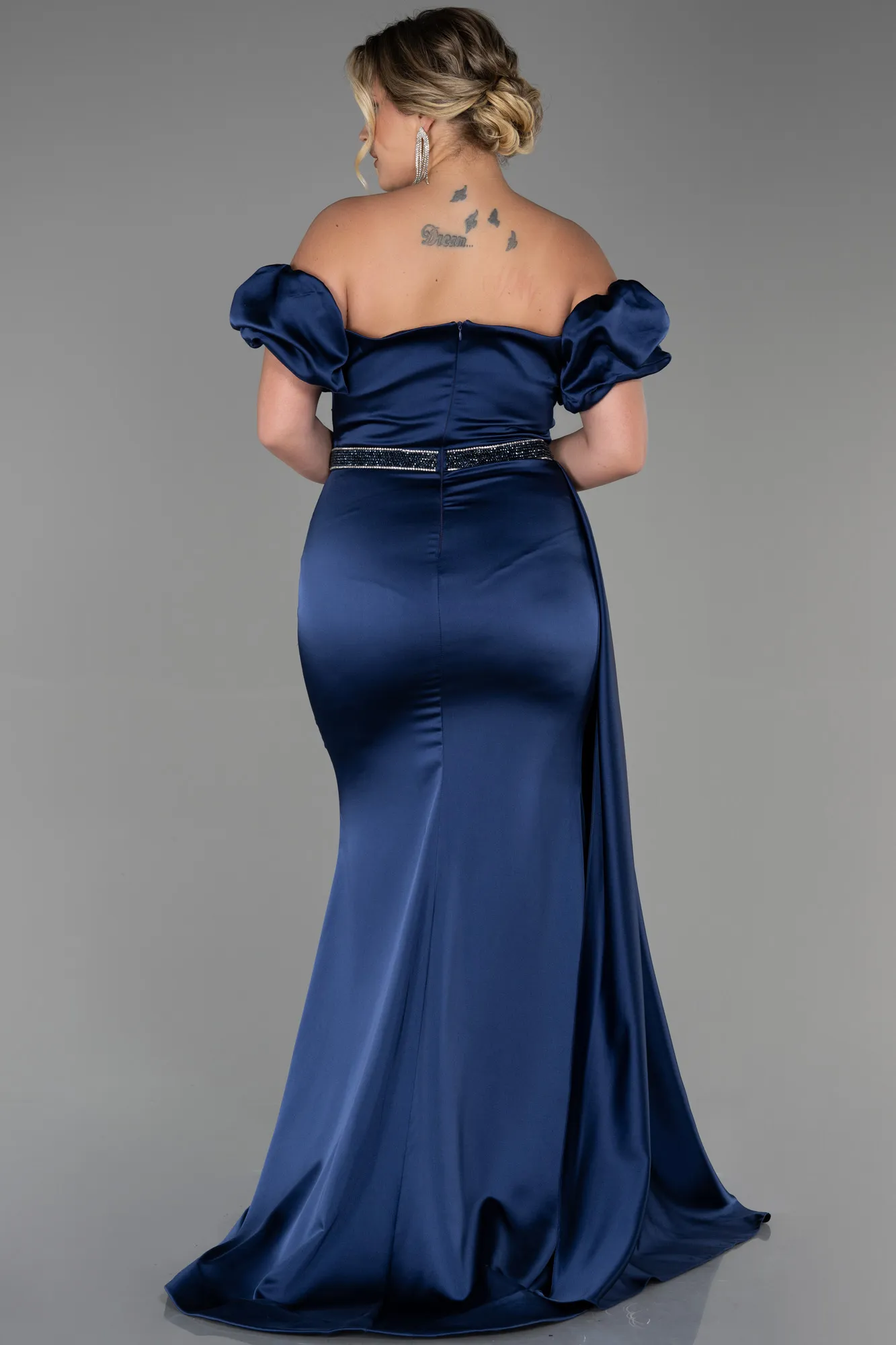 Navy Blue-Long Satin Plus Size Evening Dress ABU3332
