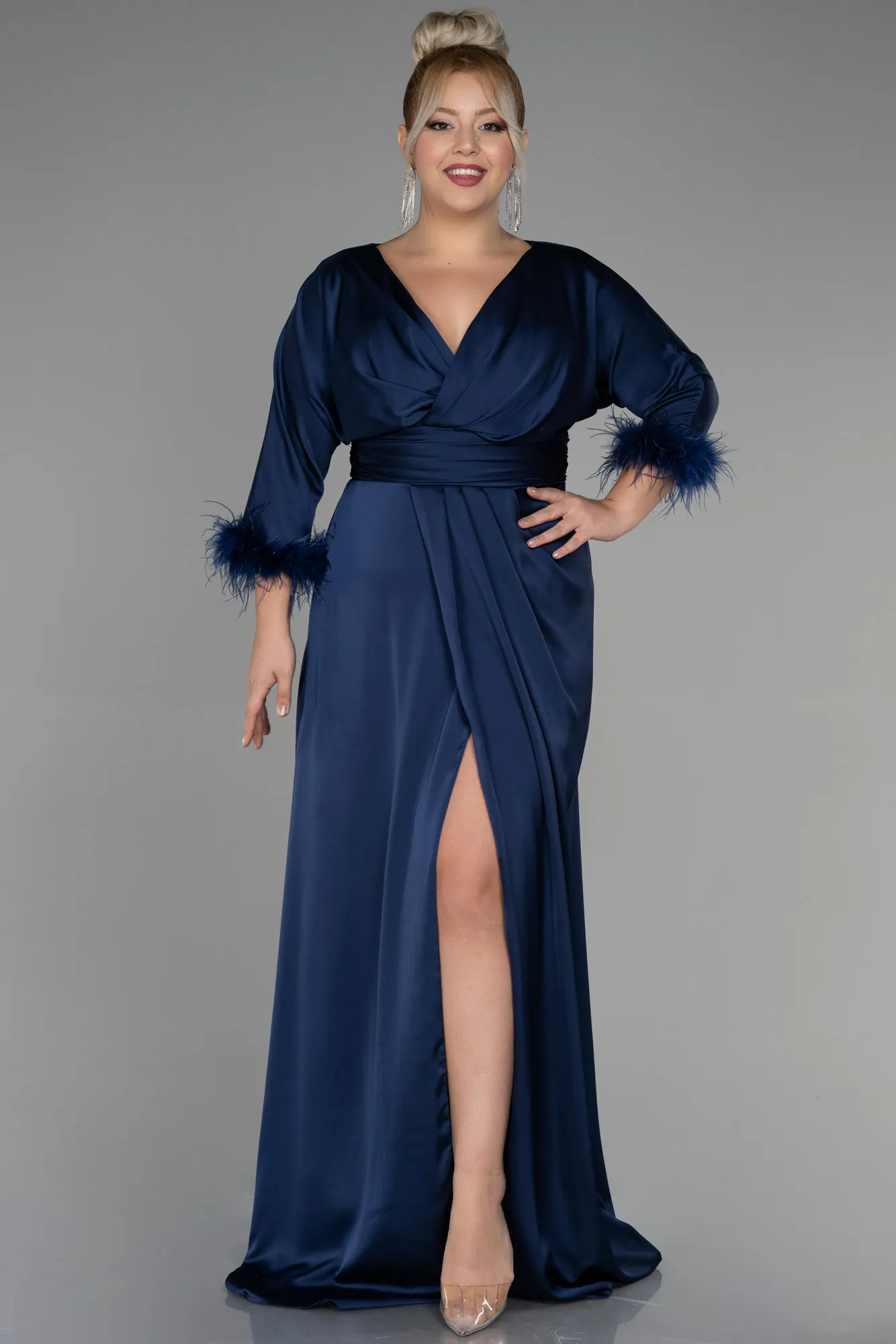 Navy Blue-Long Satin Plus Size Evening Dress ABU3367