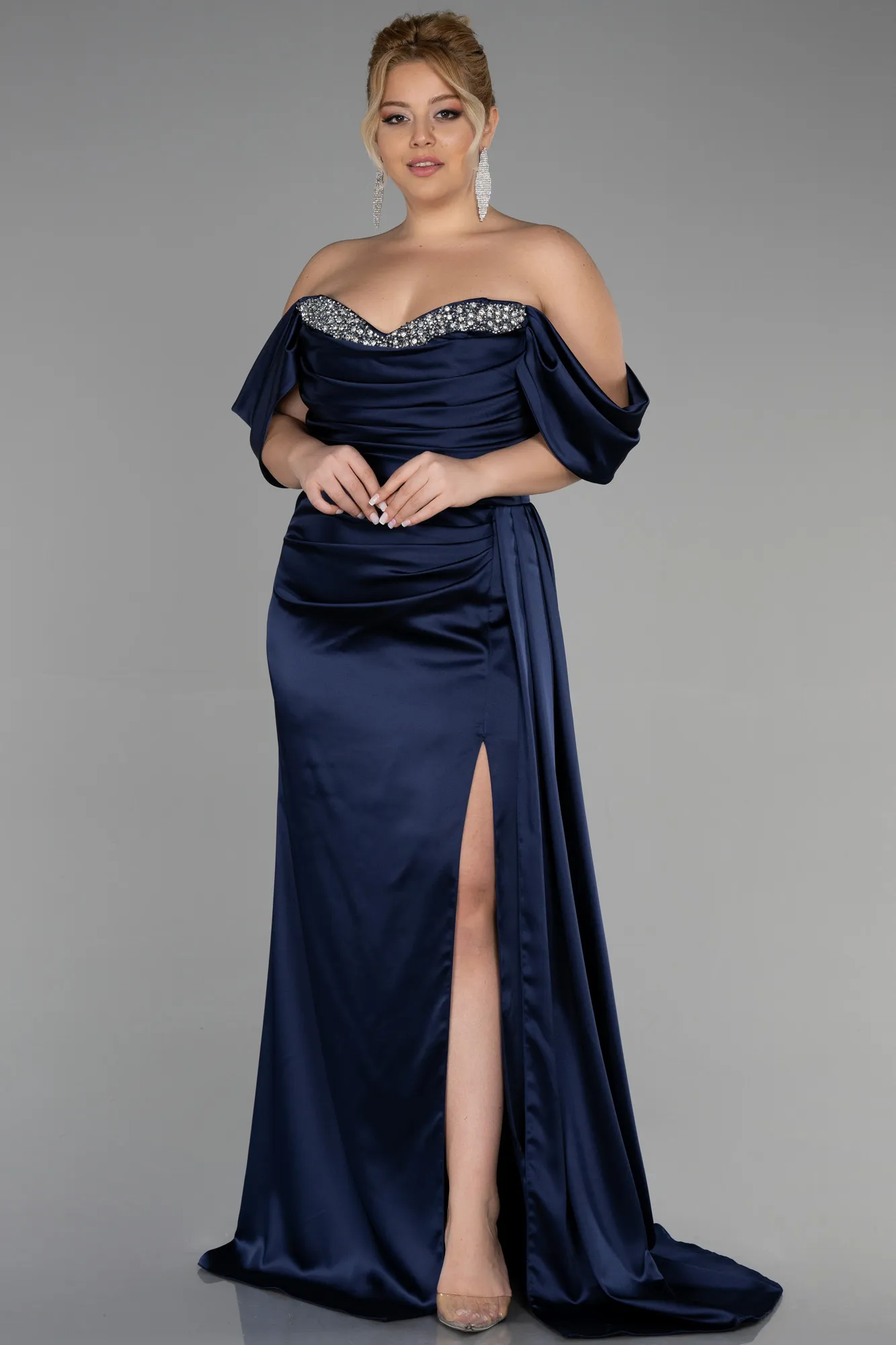 Navy Blue-Long Satin Plus Size Evening Dress ABU3469