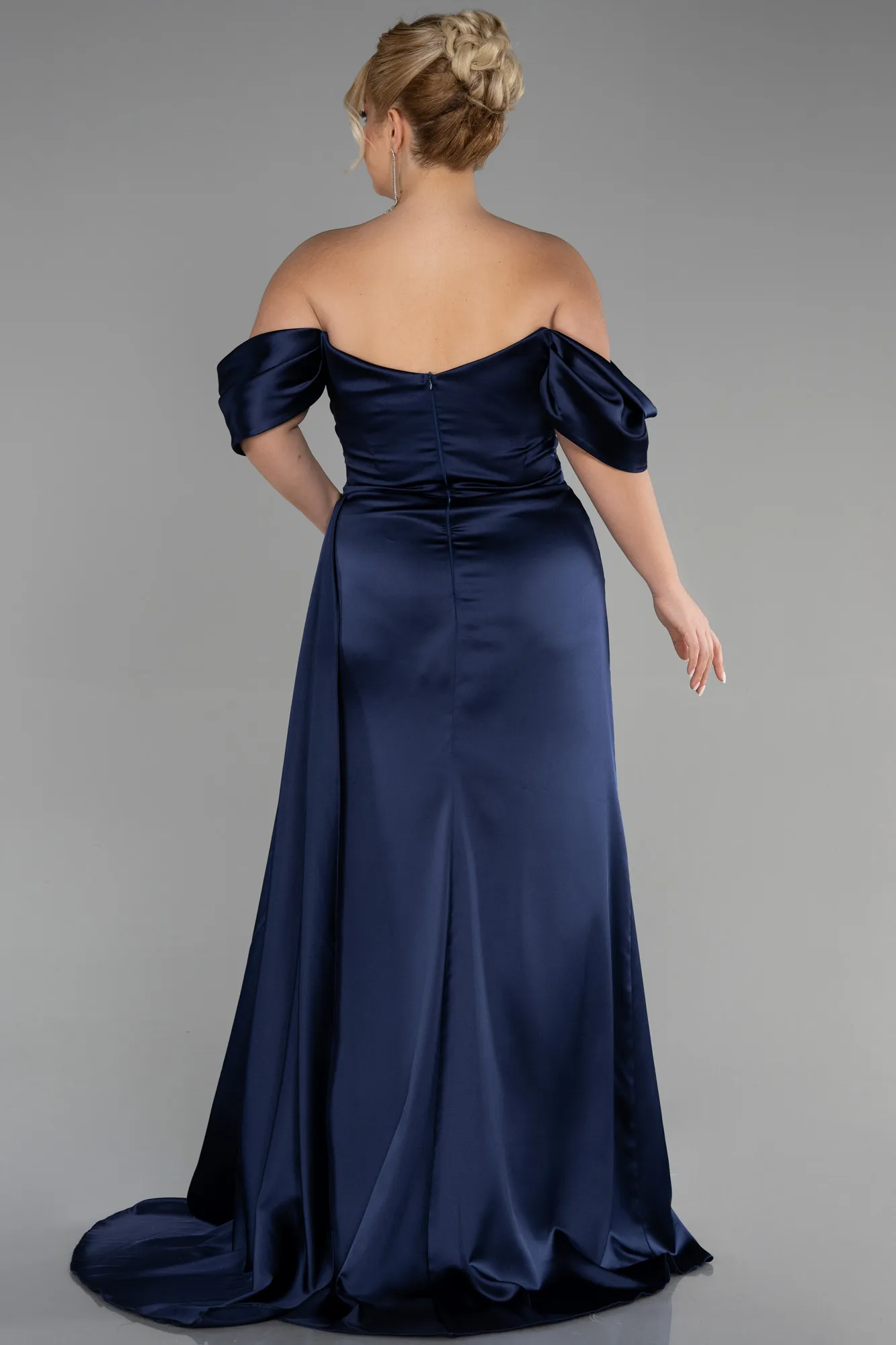 Navy Blue-Long Satin Plus Size Evening Dress ABU3469