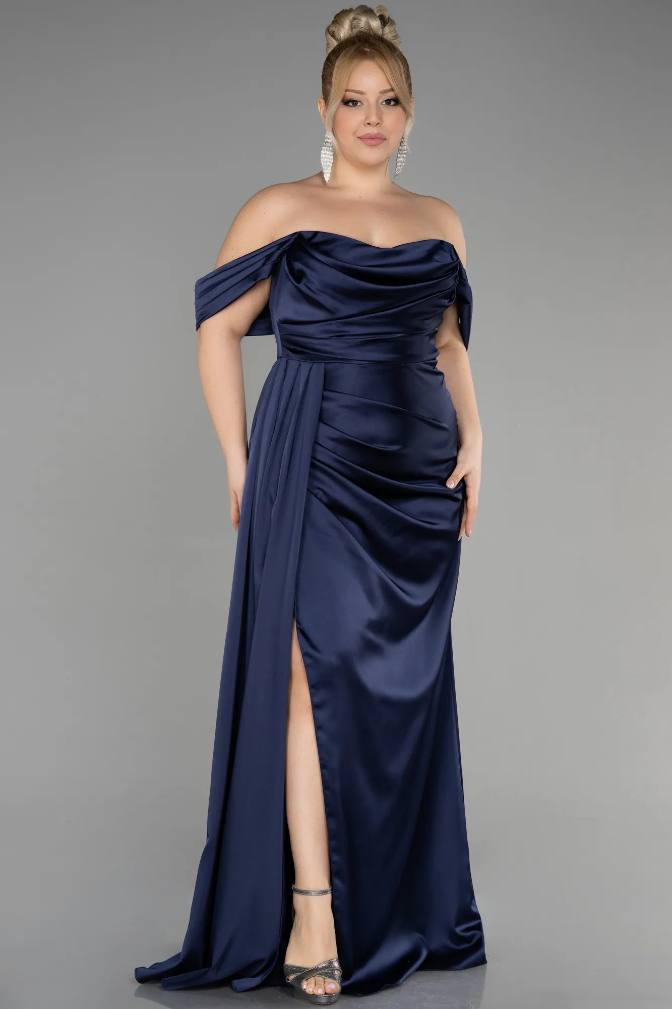 Navy Blue-Long Satin Plus Size Evening Dress ABU3515