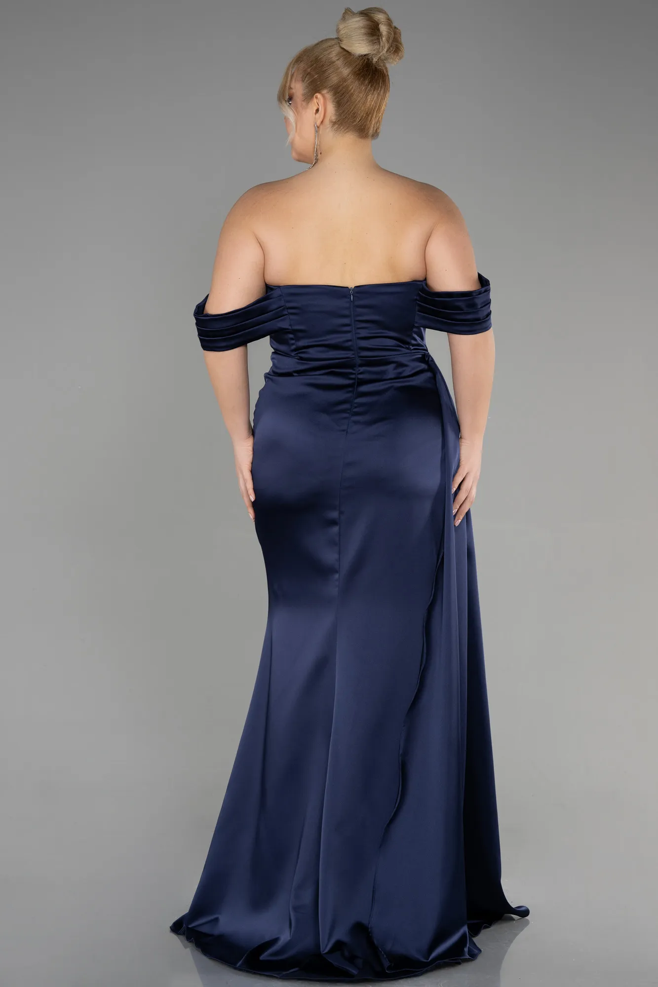 Navy Blue-Long Satin Plus Size Evening Dress ABU3515