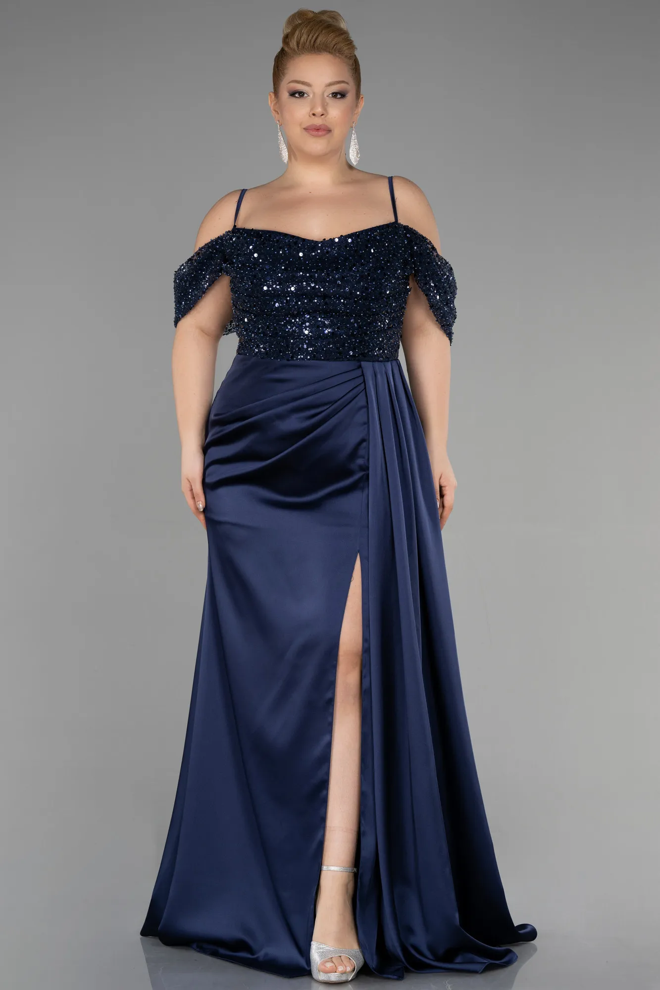 Navy Blue-Long Satin Plus Size Evening Dress ABU3522