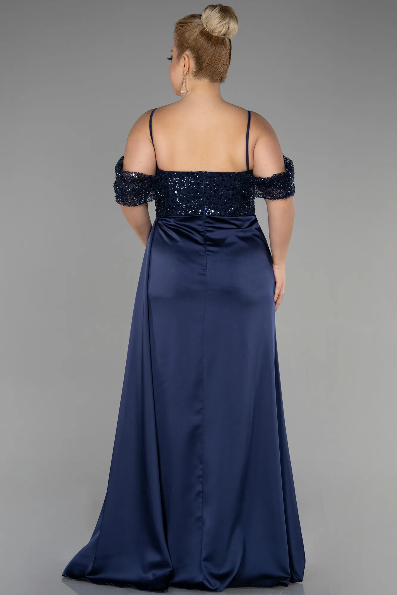 Navy Blue-Long Satin Plus Size Evening Dress ABU3522