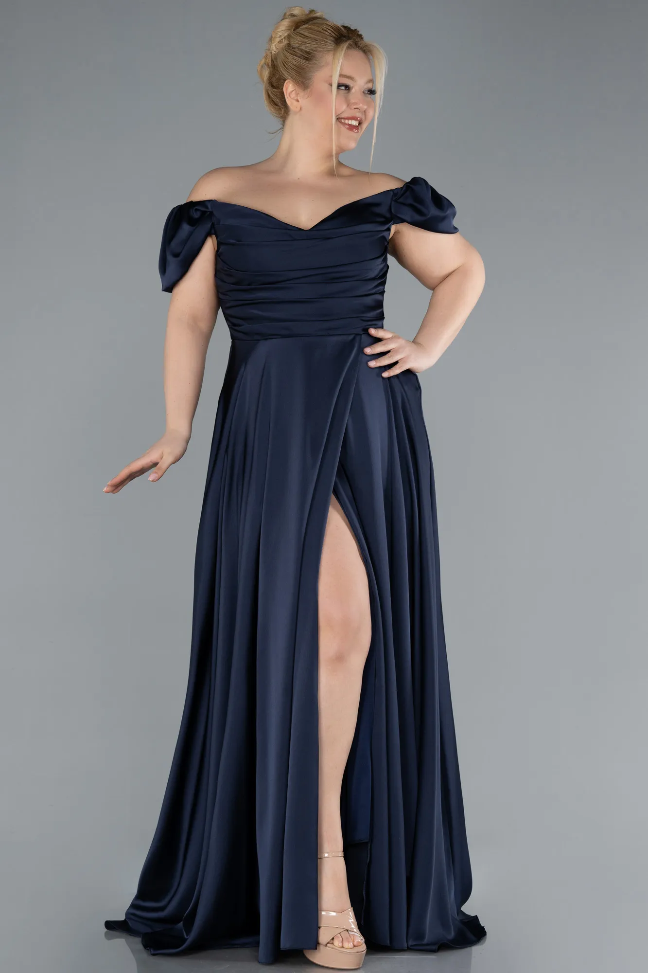 Navy Blue-Long Satin Plus Size Evening Dress ABU4576