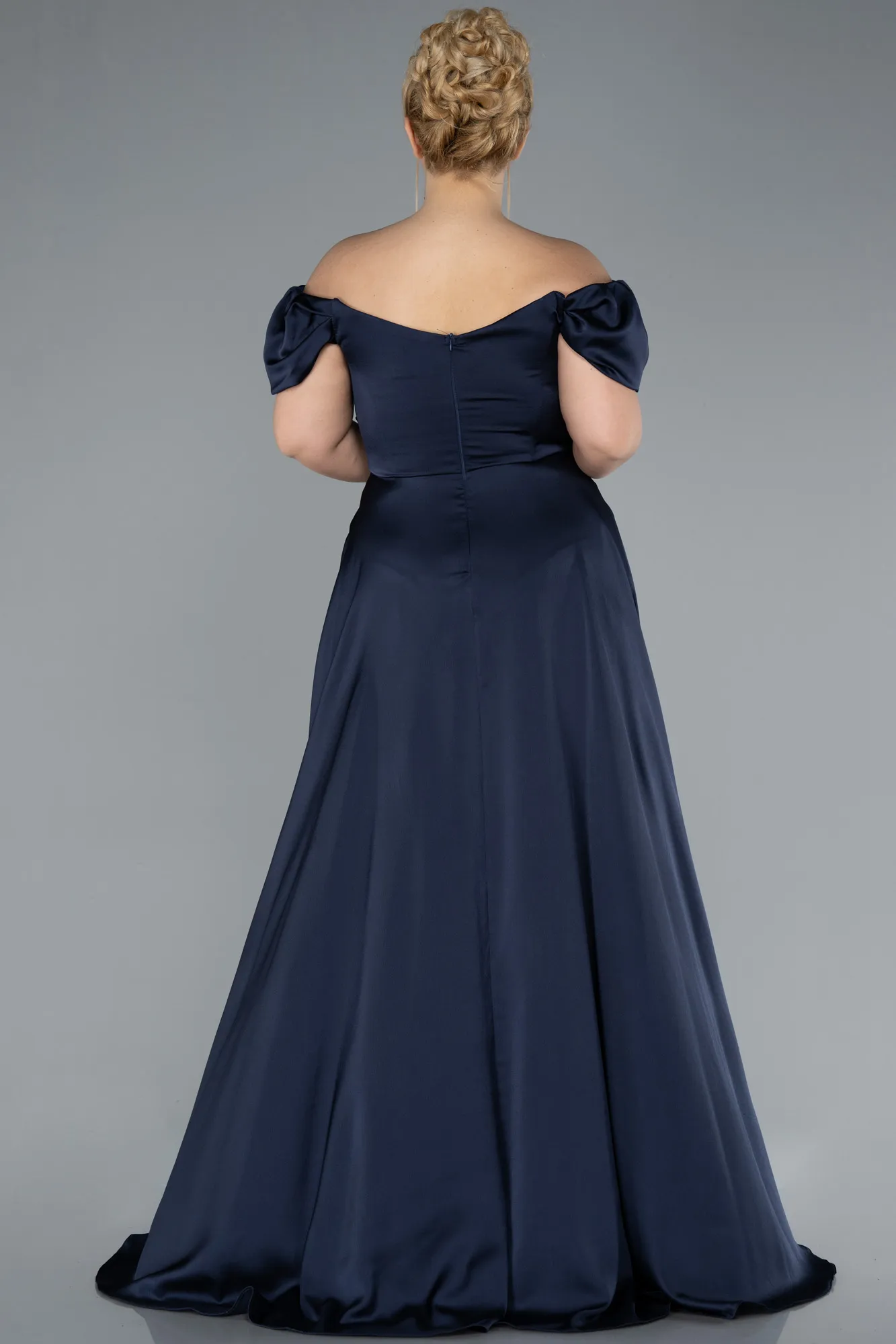 Navy Blue-Long Satin Plus Size Evening Dress ABU4576