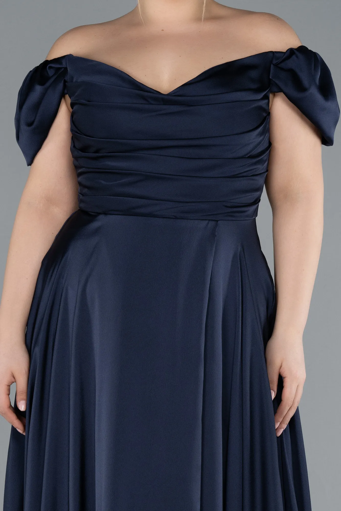 Navy Blue-Long Satin Plus Size Evening Dress ABU4576