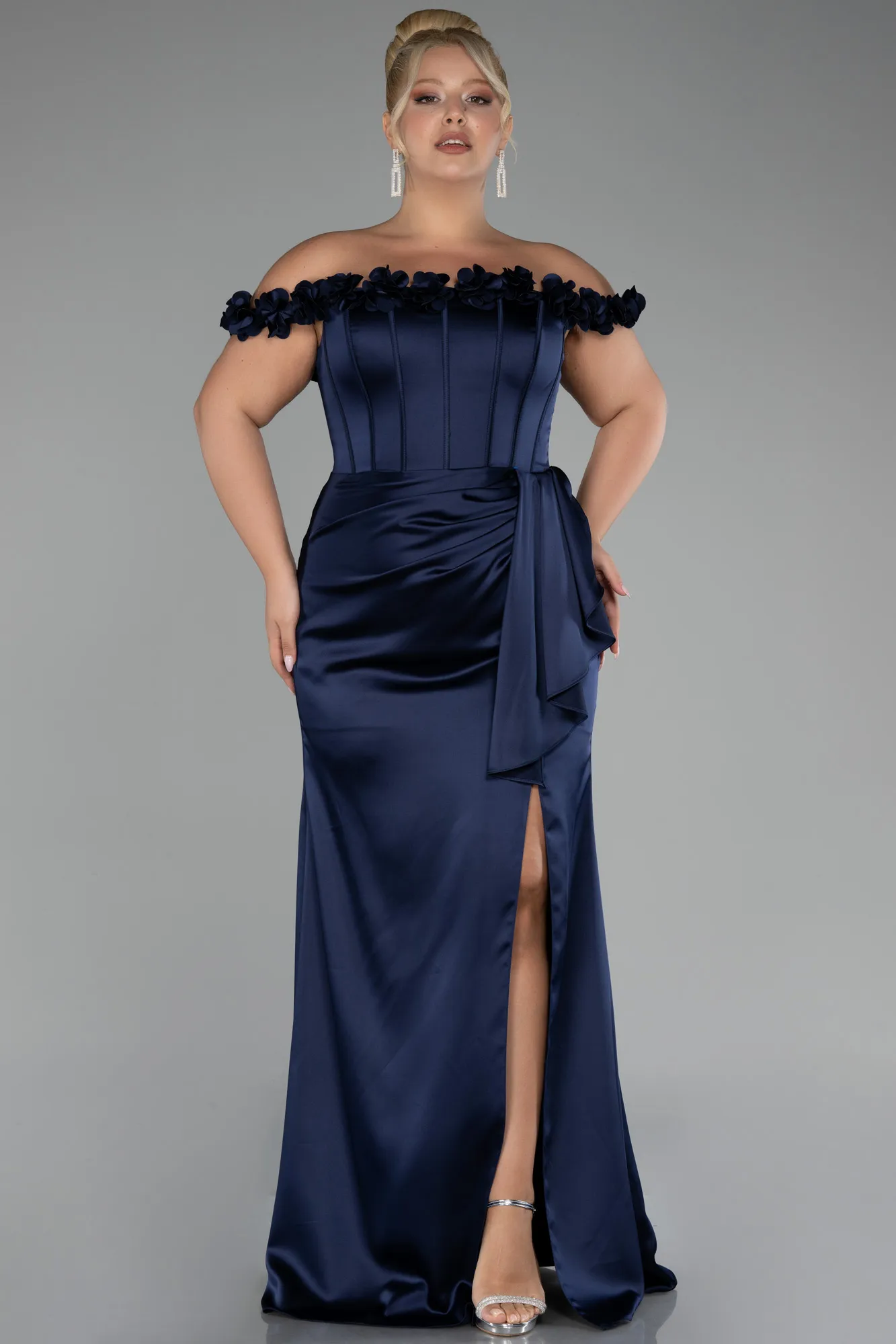 Navy Blue-Long Satin Plus Size Evening Gown ABU4046