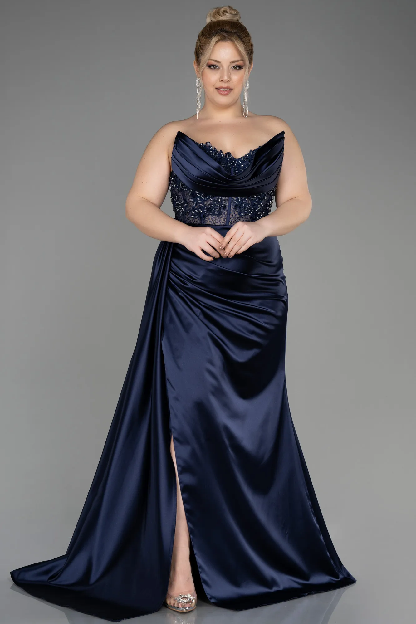 Navy Blue-Long Satin Plus Size Prom Dress ABU3855