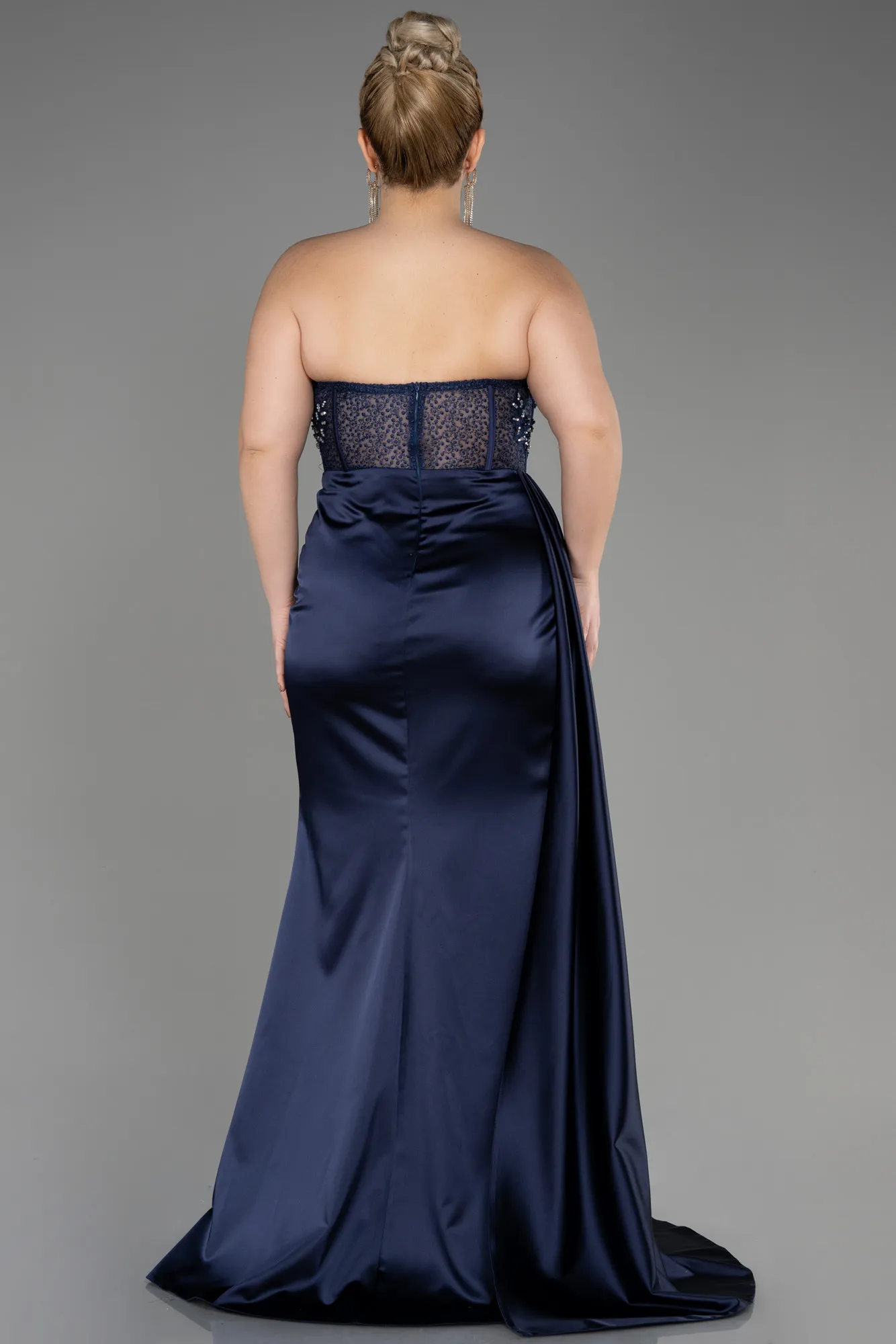 Navy Blue-Long Satin Plus Size Prom Dress ABU3855