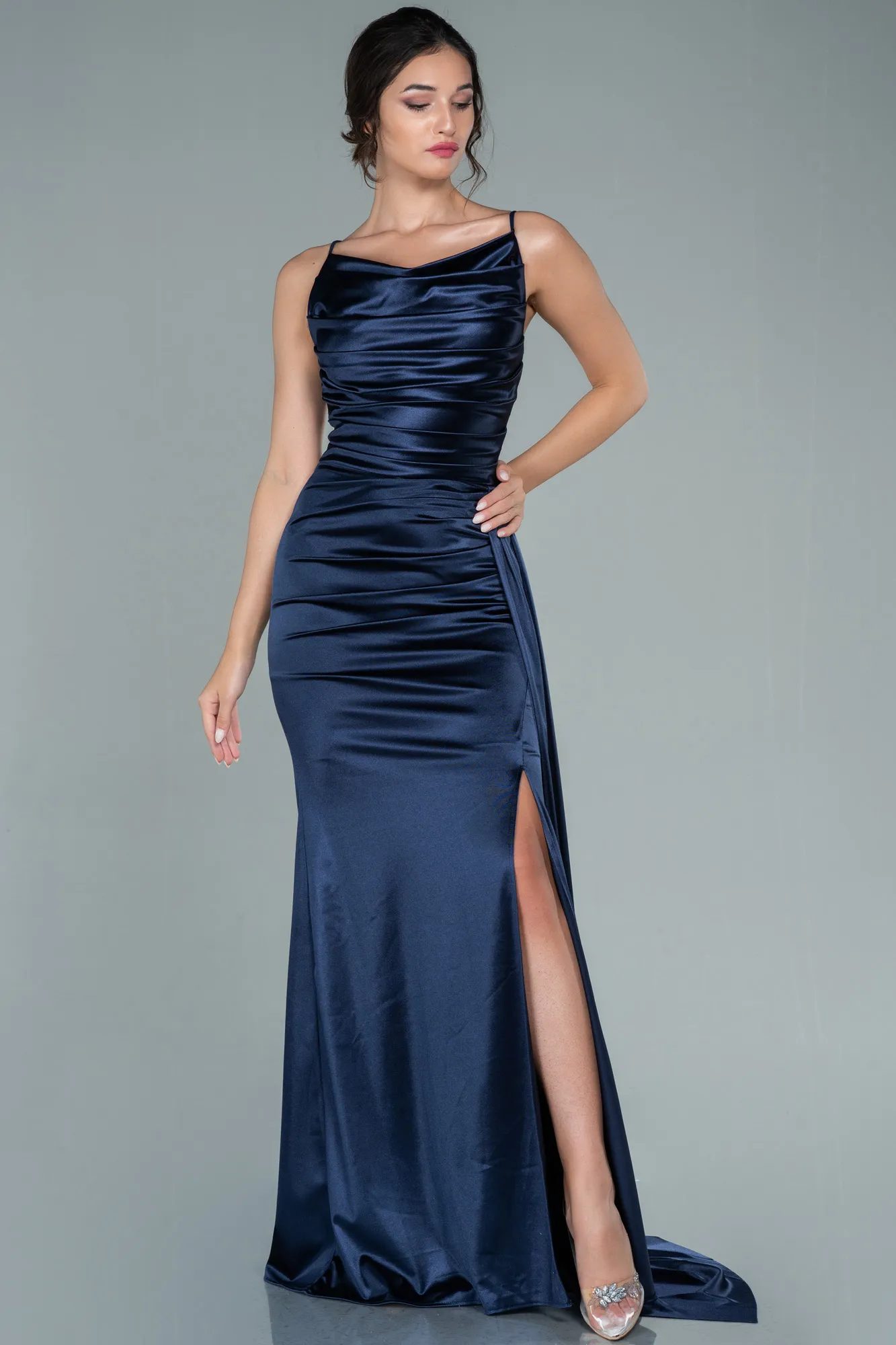 Navy Blue-Long Satin Prom Gown ABU2539