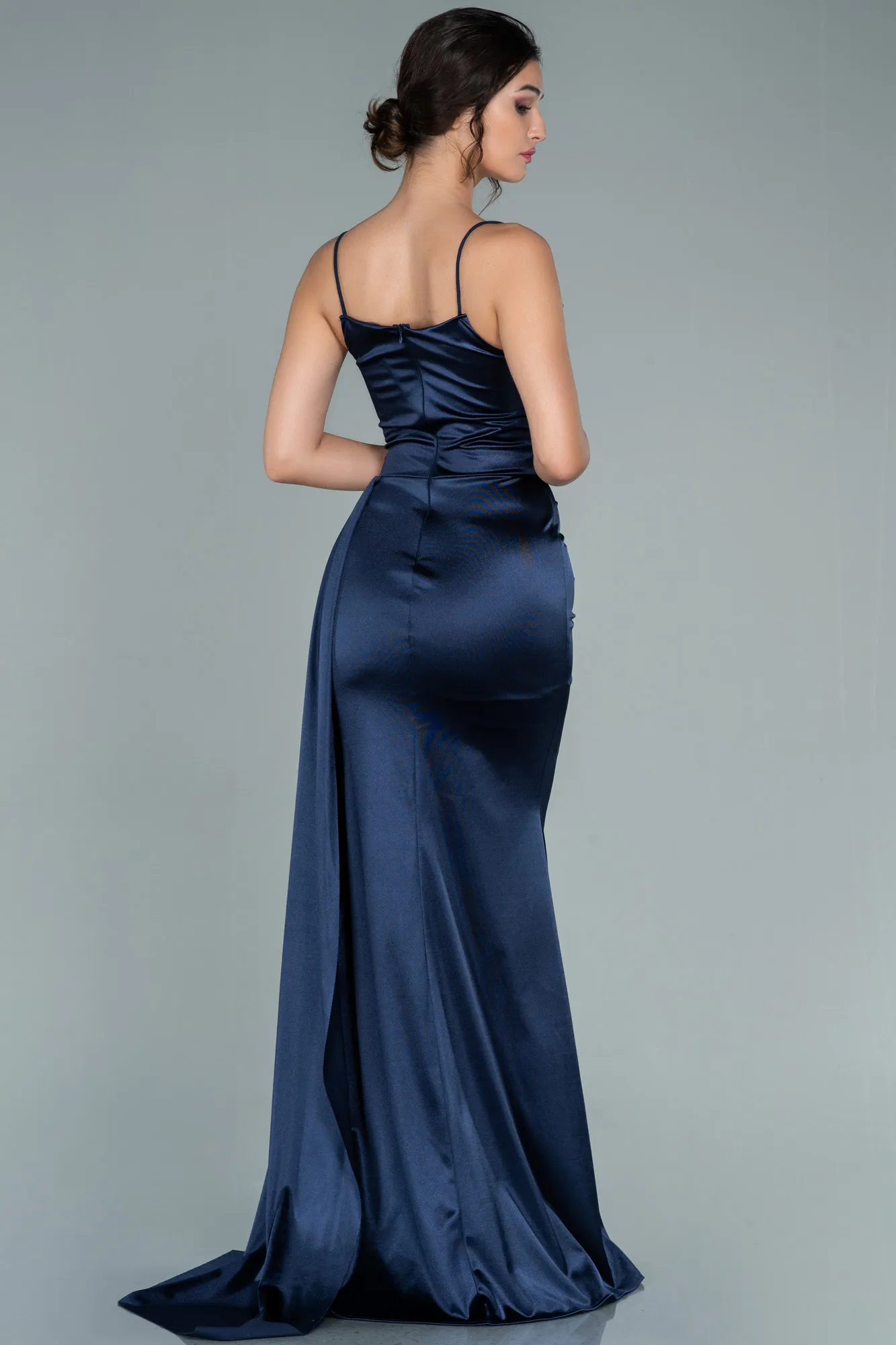 Navy Blue-Long Satin Prom Gown ABU2539