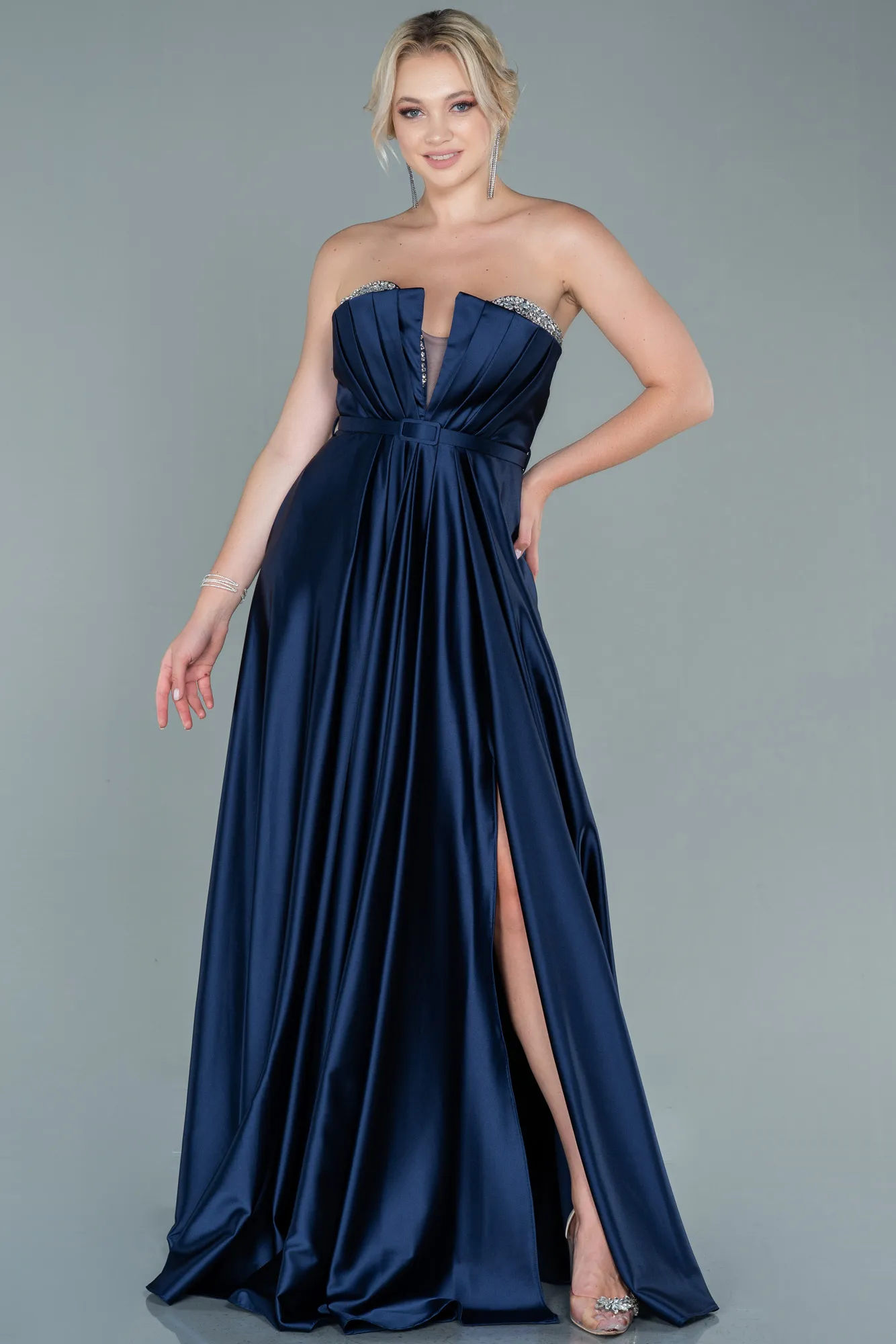 Navy Blue-Long Satin Prom Gown ABU2543