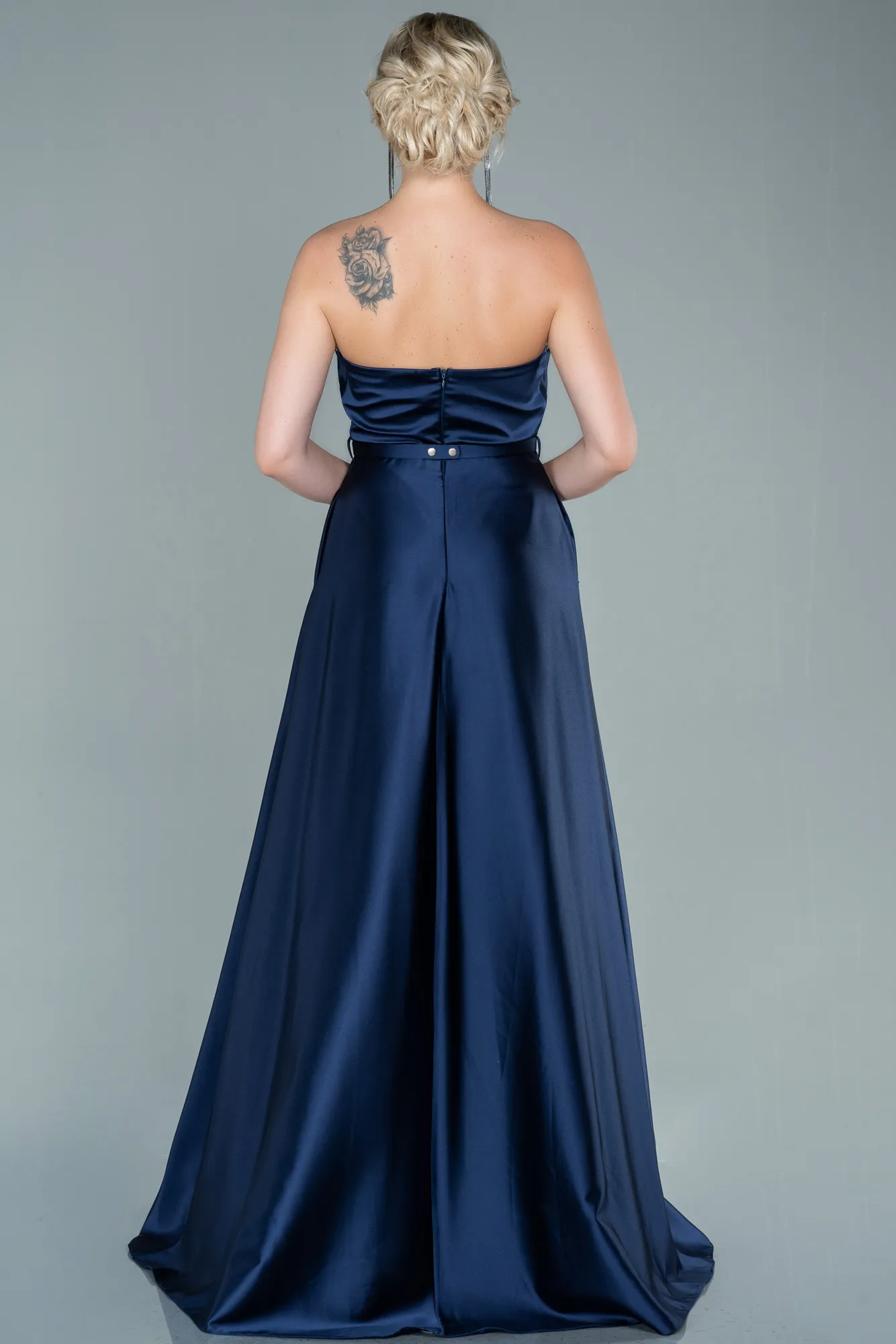 Navy Blue-Long Satin Prom Gown ABU2543