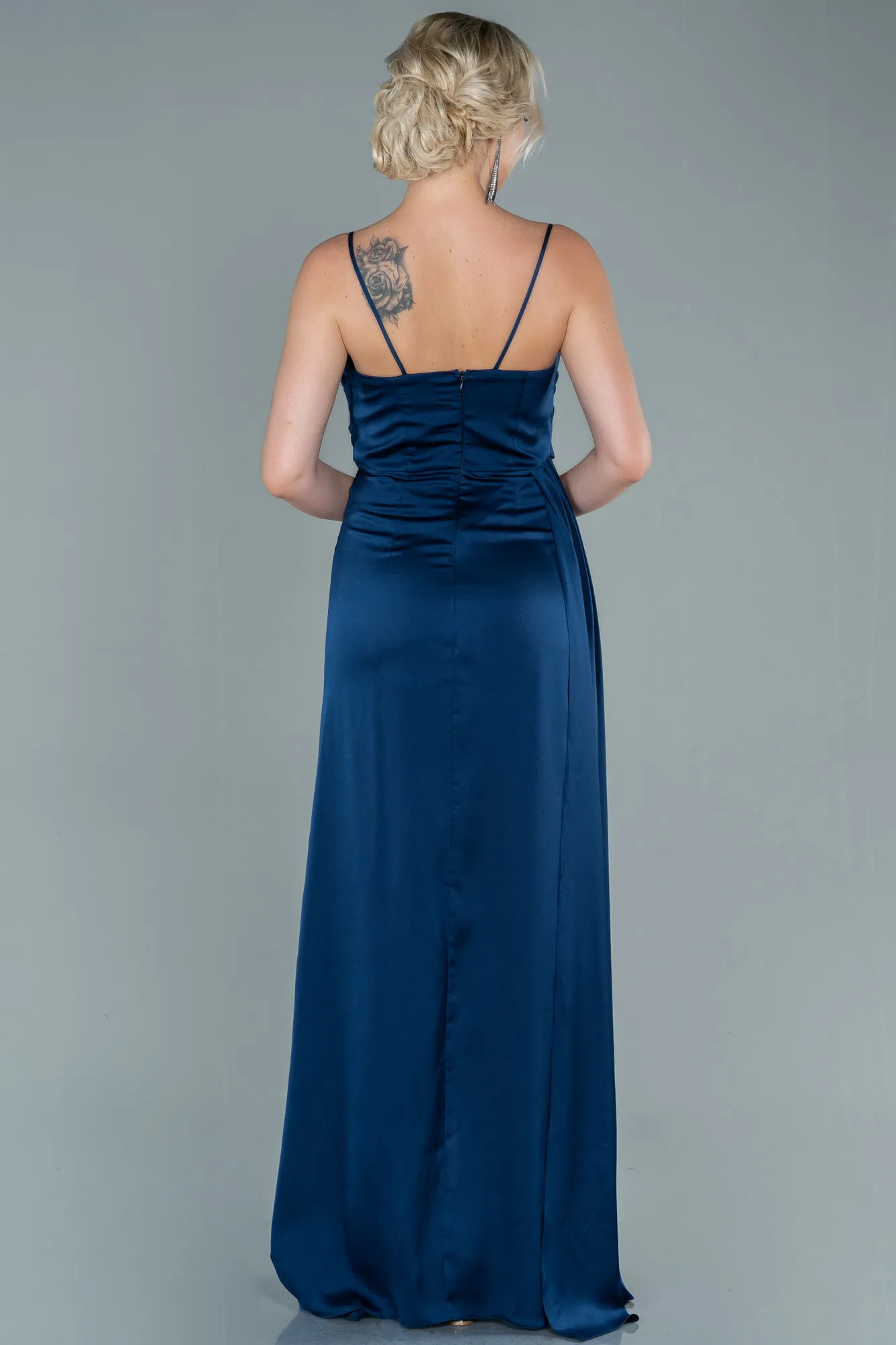 Navy Blue-Long Satin Prom Gown ABU2558