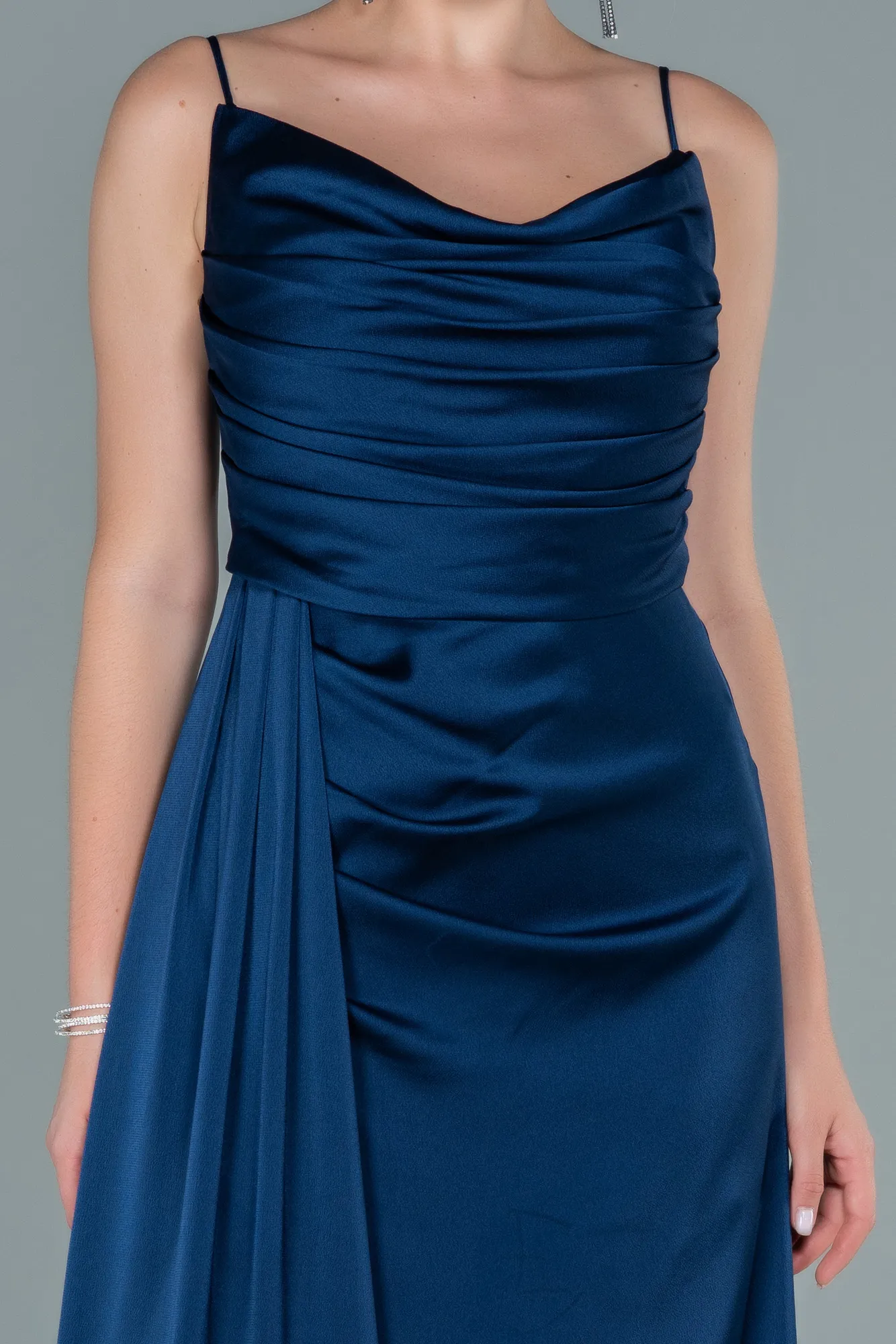 Navy Blue-Long Satin Prom Gown ABU2558