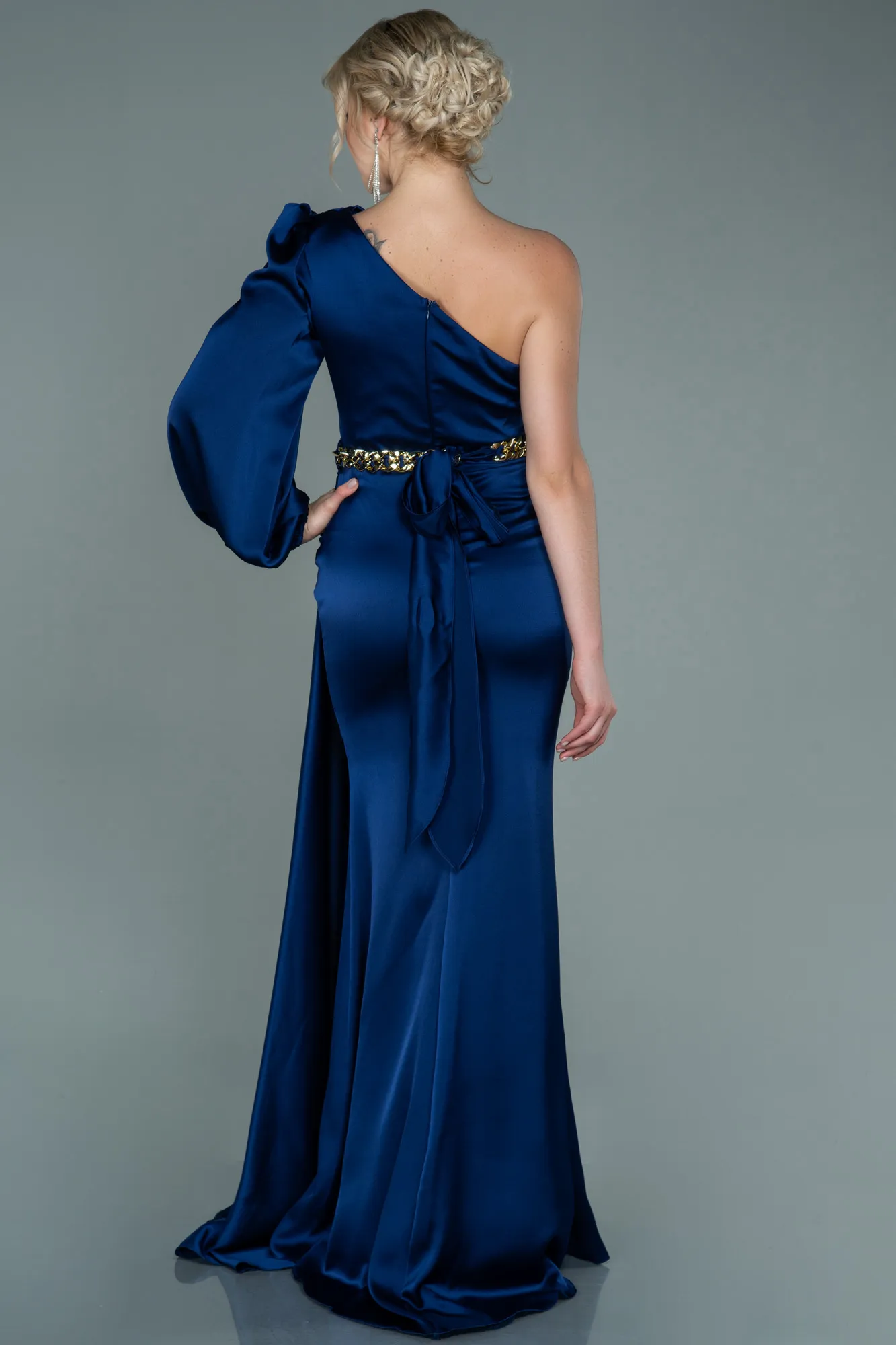 Navy Blue-Long Satin Prom Gown ABU2625