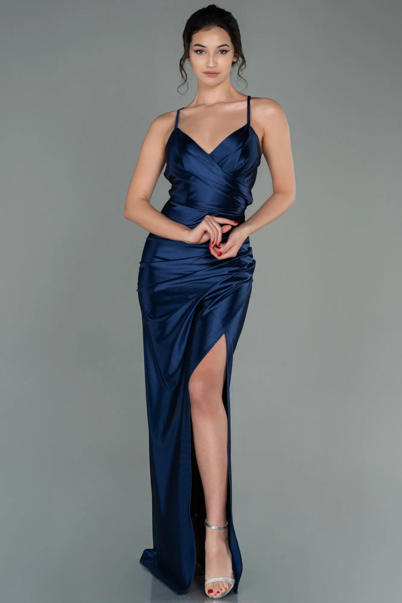 Navy Blue-Long Satin Prom Gown ABU2800
