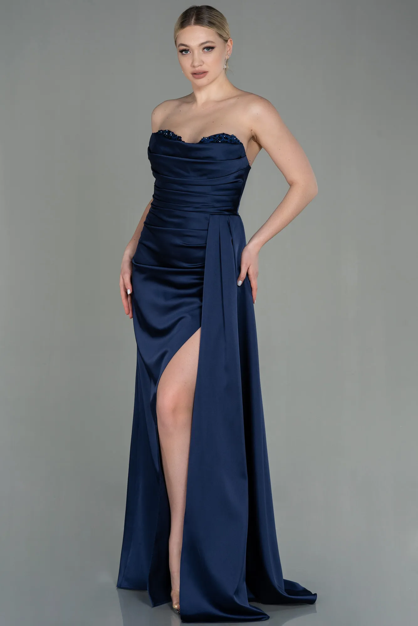 Navy Blue-Long Satin Prom Gown ABU2965