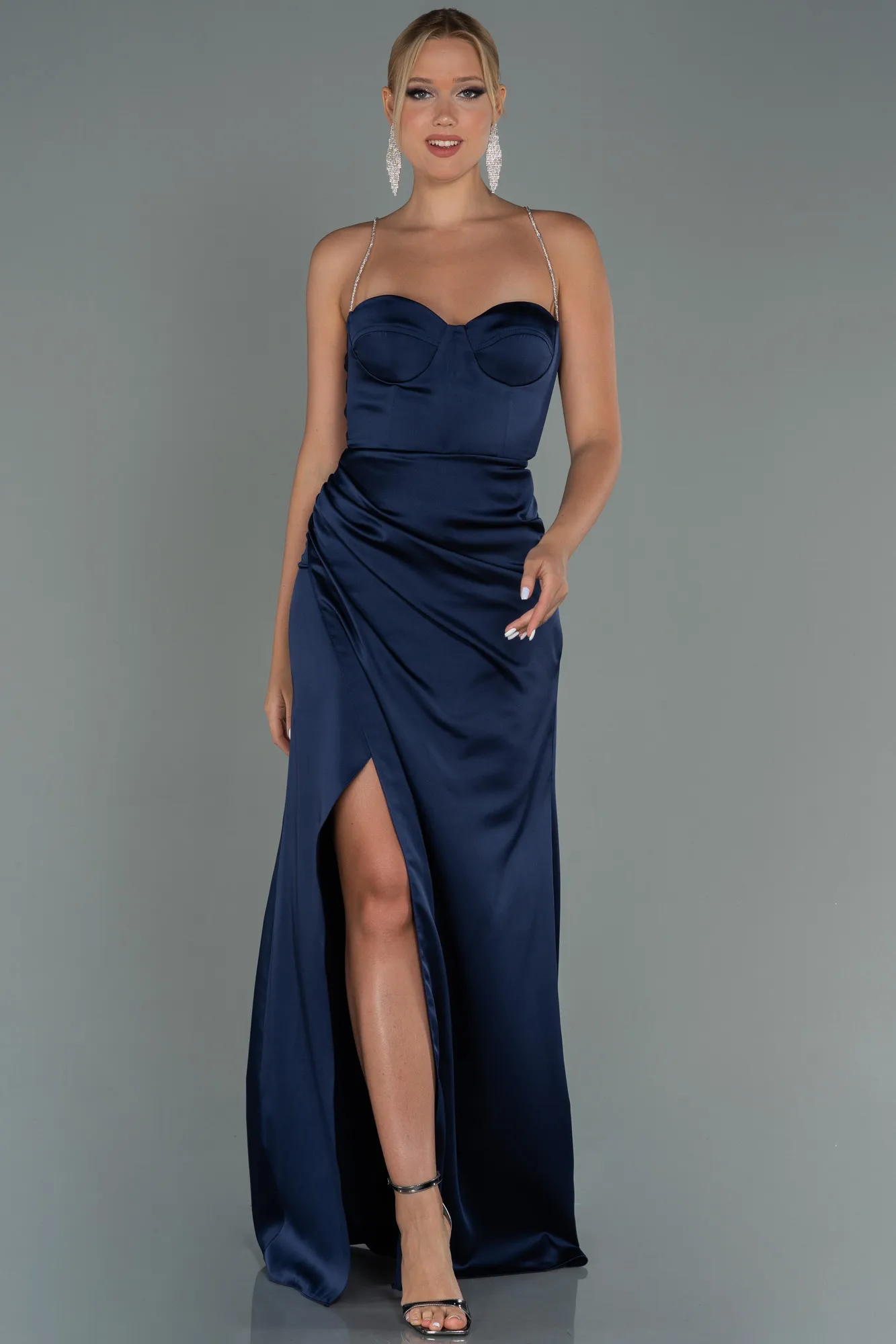 Navy Blue-Long Satin Prom Gown ABU3094