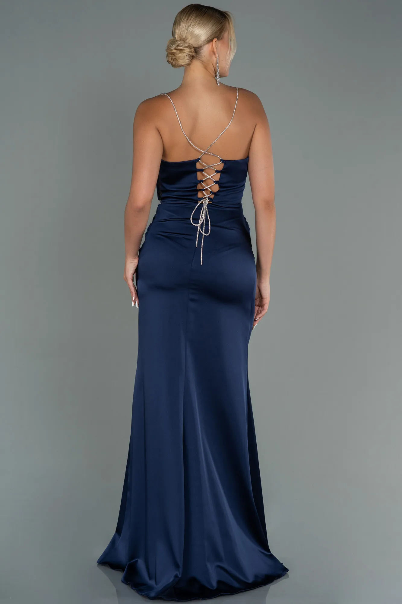 Navy Blue-Long Satin Prom Gown ABU3094