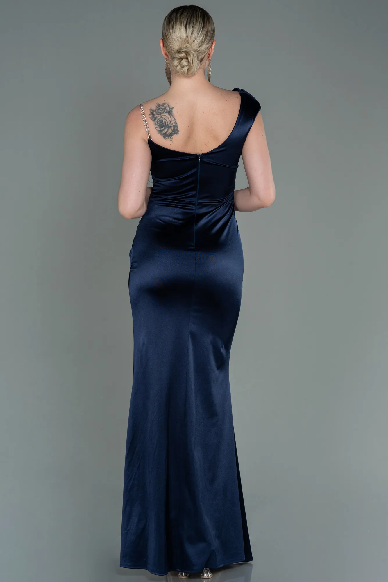 Navy Blue-Long Satin Prom Gown ABU3138