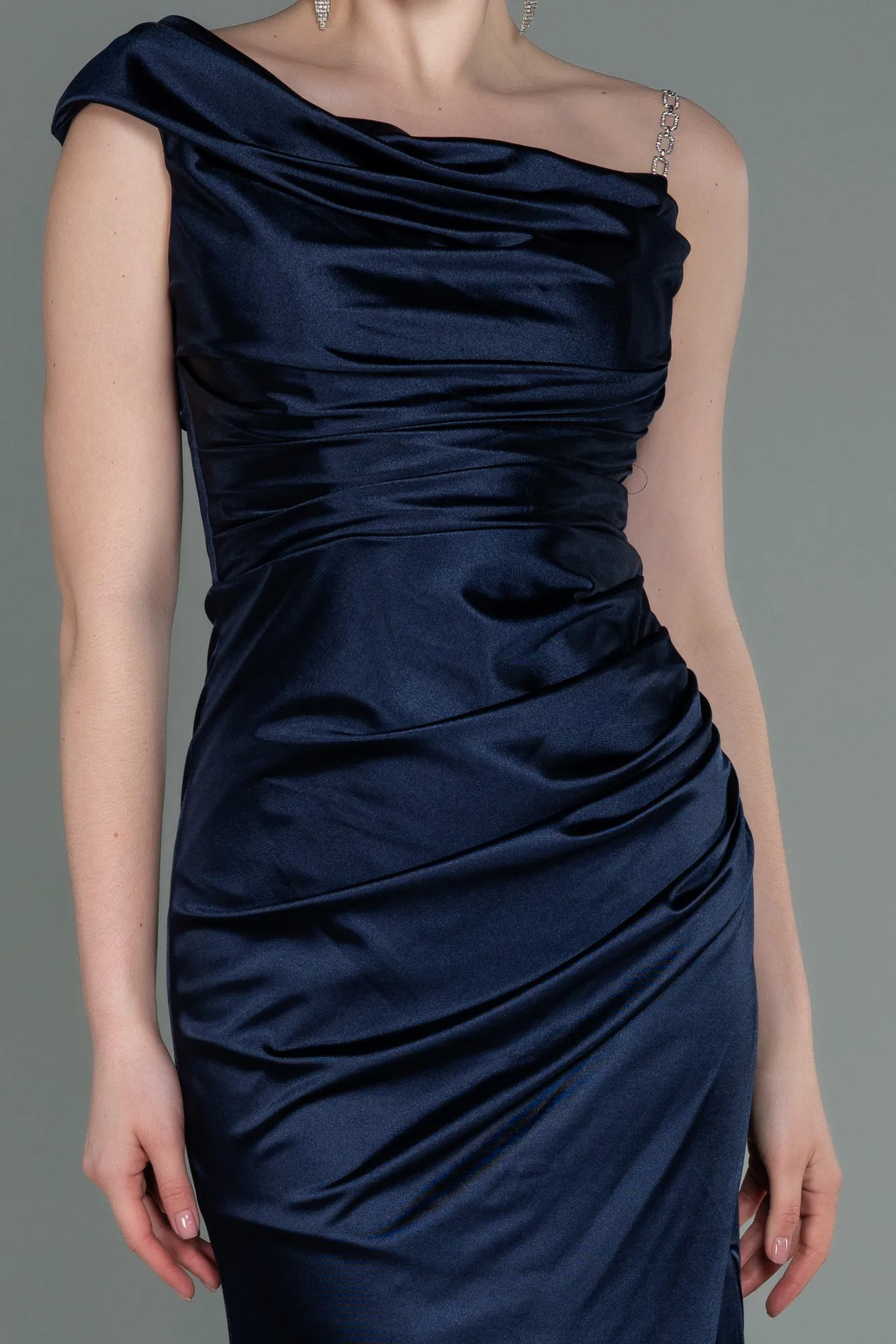 Navy Blue-Long Satin Prom Gown ABU3138