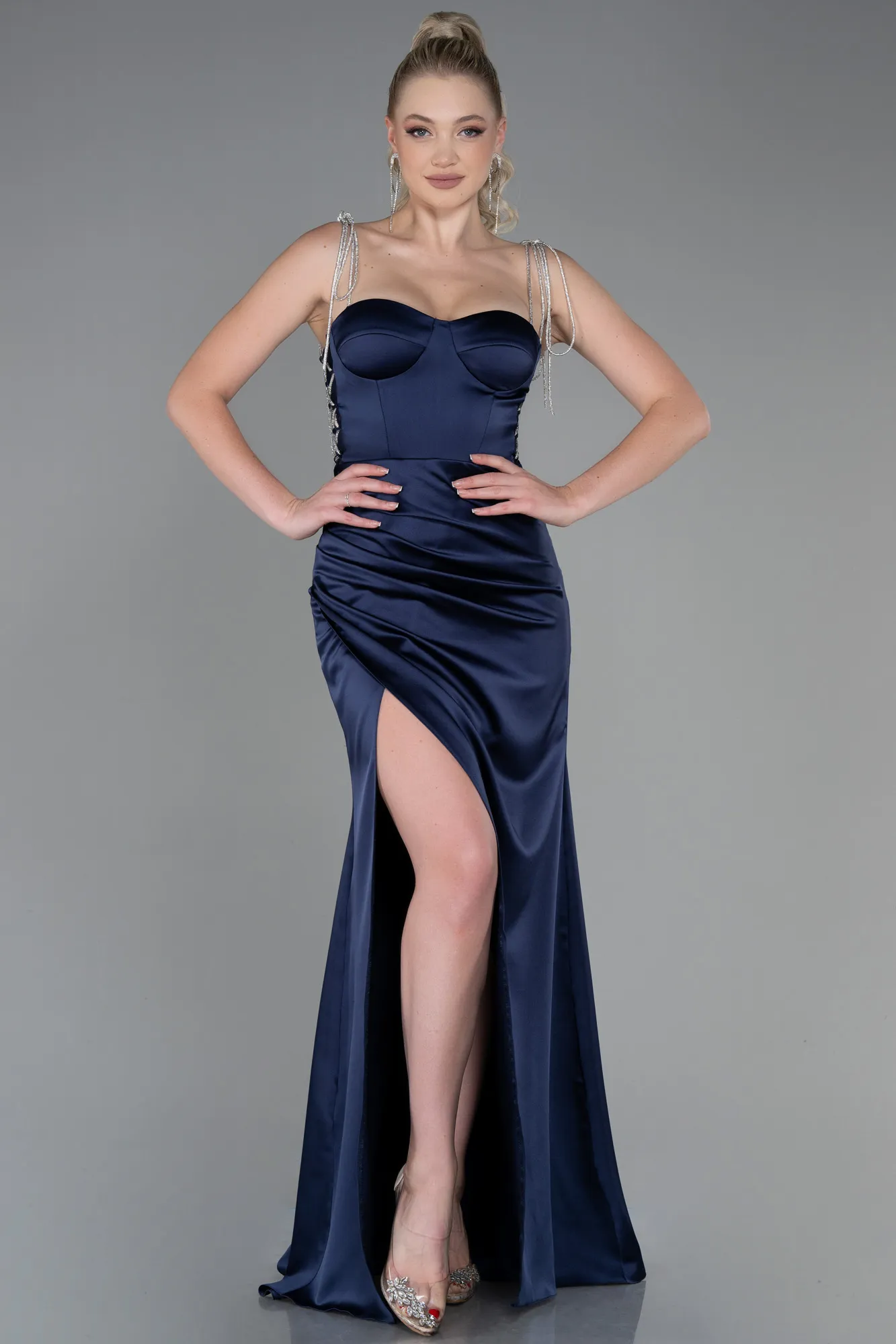 Navy Blue-Long Satin Prom Gown ABU3198