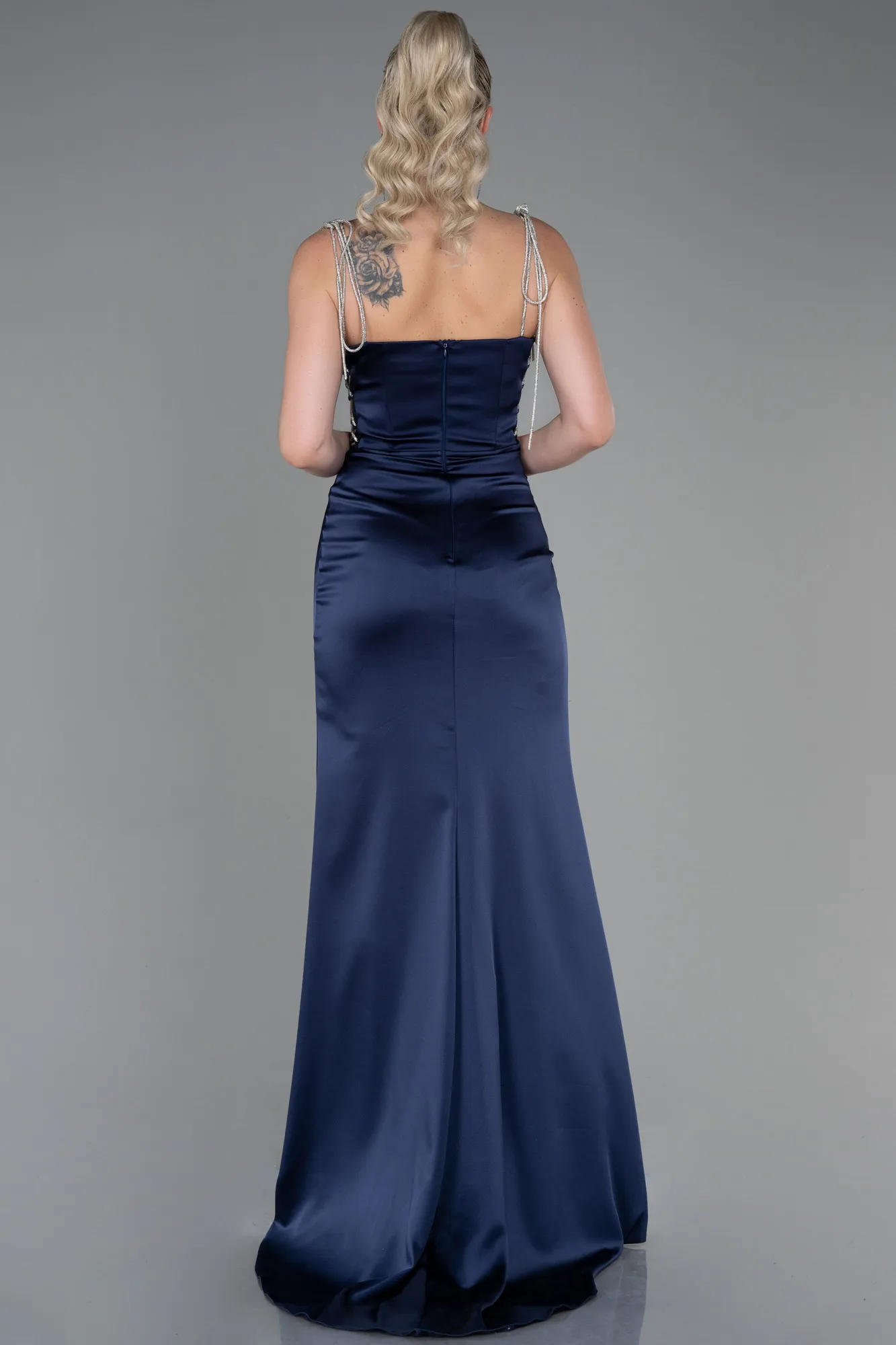 Navy Blue-Long Satin Prom Gown ABU3198