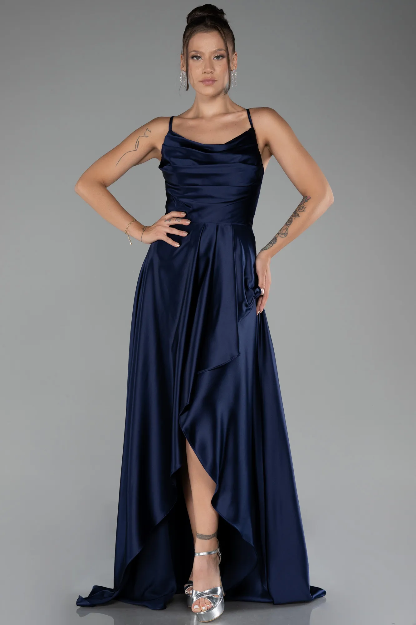 Navy Blue-Long Satin Prom Gown ABU3242