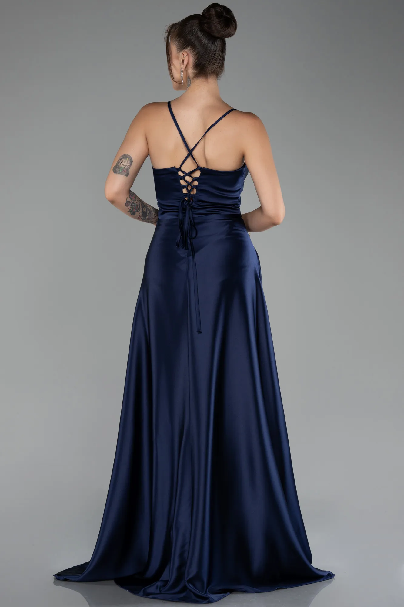 Navy Blue-Long Satin Prom Gown ABU3242