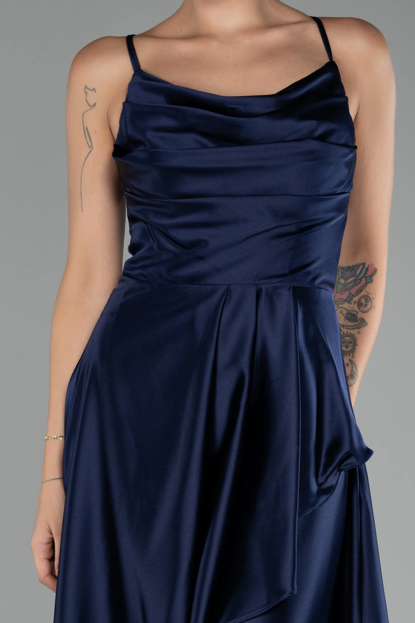 Navy Blue-Long Satin Prom Gown ABU3242