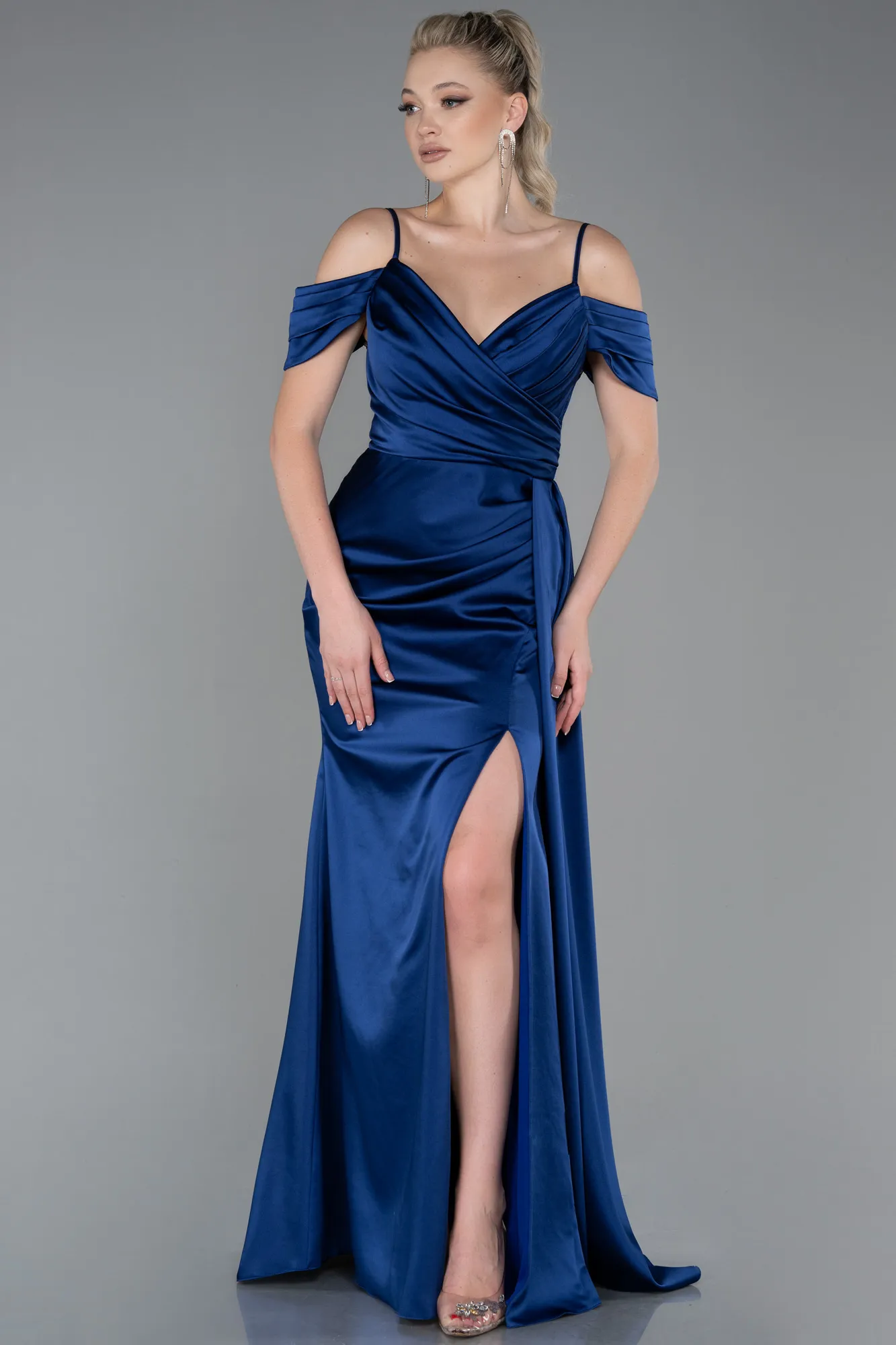 Navy Blue-Long Satin Prom Gown ABU3249