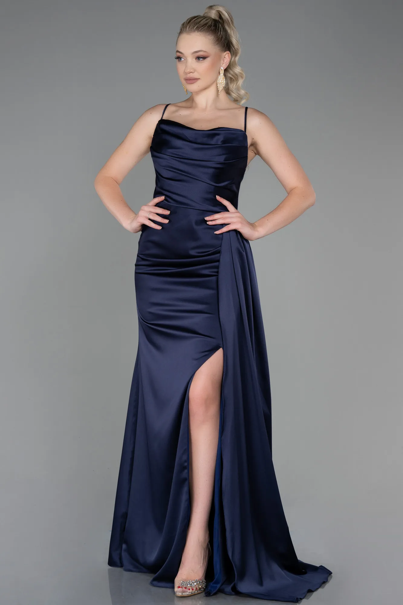 Navy Blue-Long Satin Prom Gown ABU3267