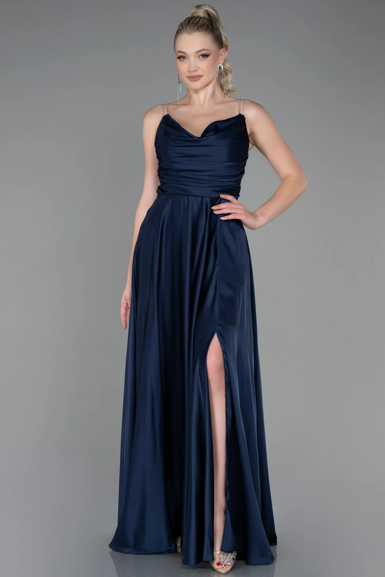 Navy Blue-Long Satin Prom Gown ABU3275
