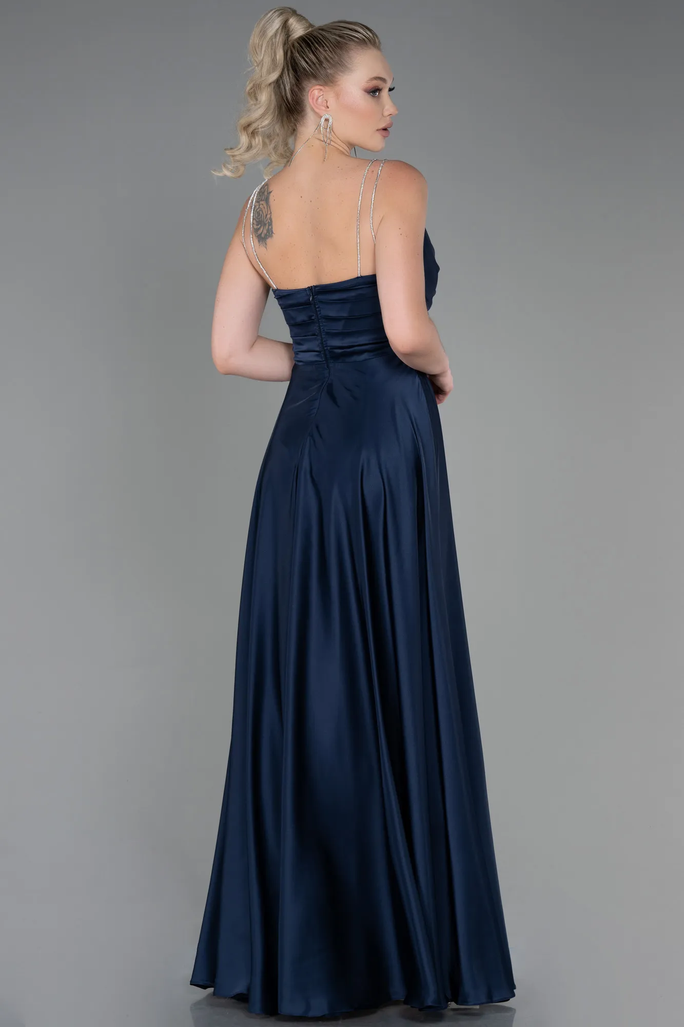 Navy Blue-Long Satin Prom Gown ABU3275