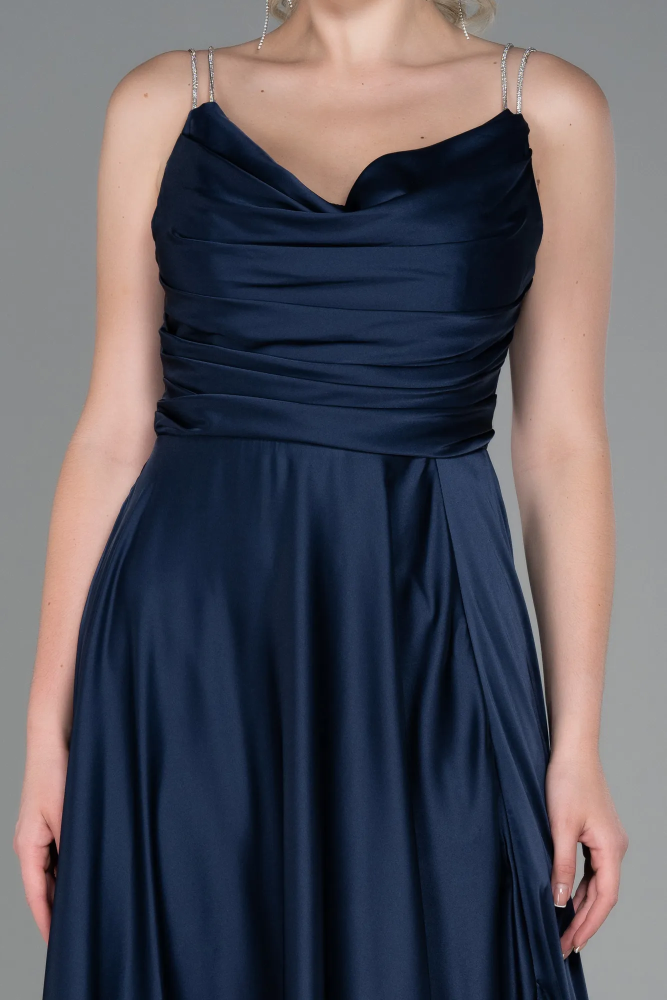 Navy Blue-Long Satin Prom Gown ABU3275