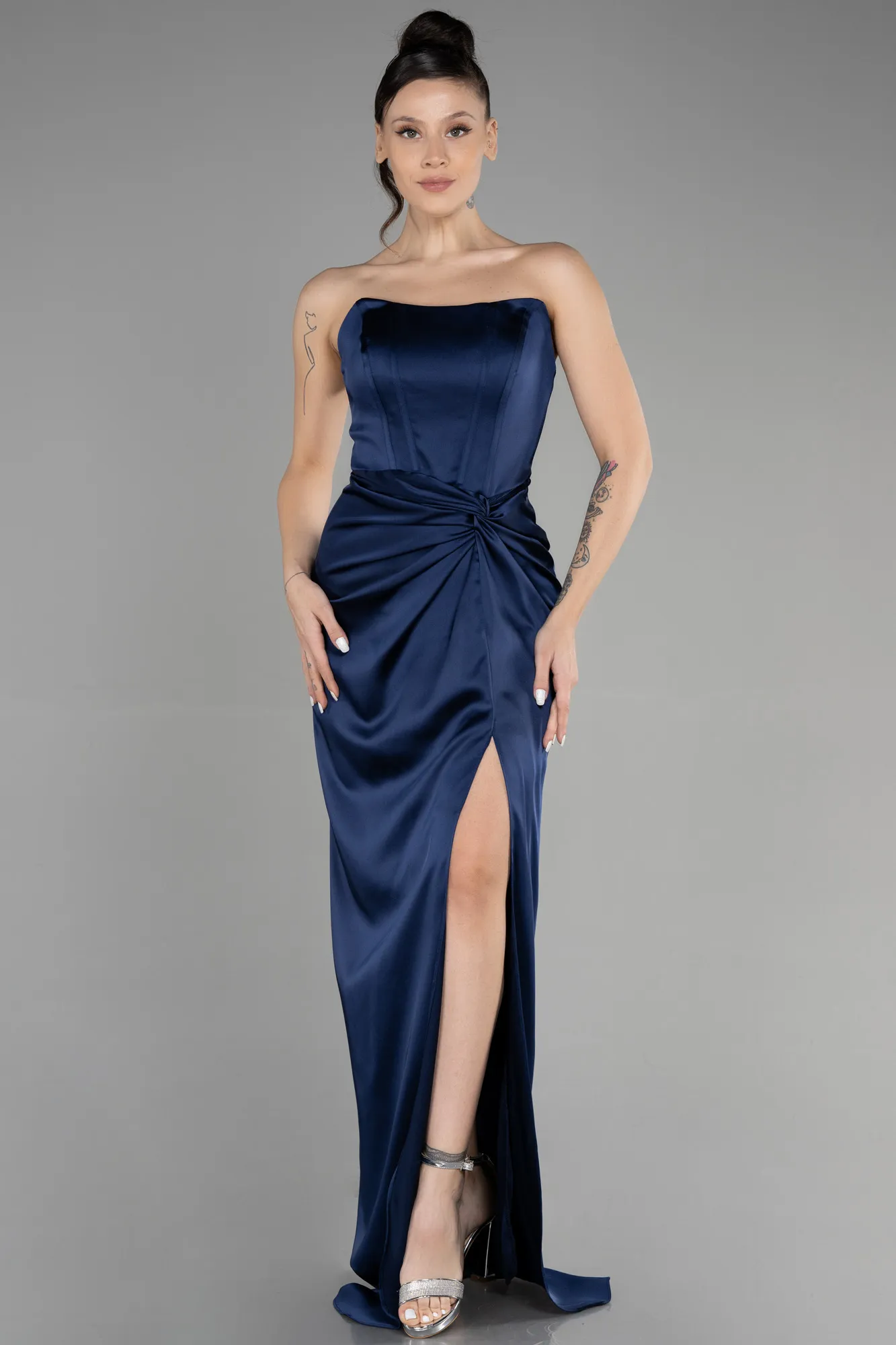 Navy Blue-Long Satin Prom Gown ABU3474