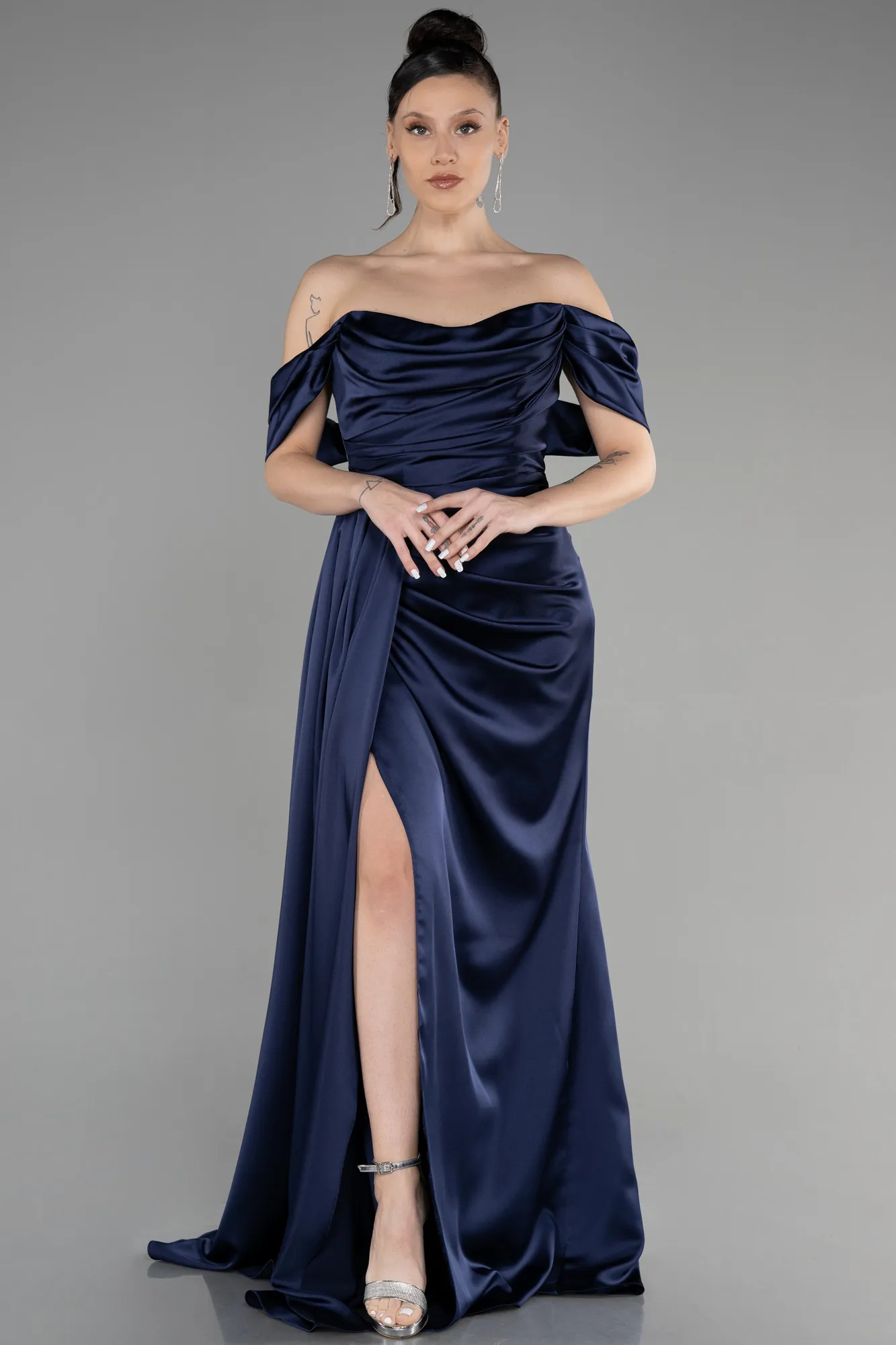 Navy Blue-Long Satin Prom Gown ABU3514